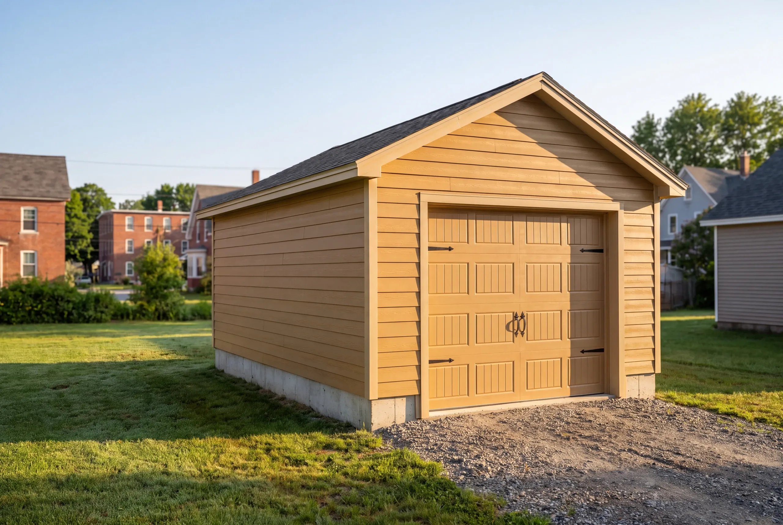 Finished detached garage on a Lewiston, Maine property, wide view