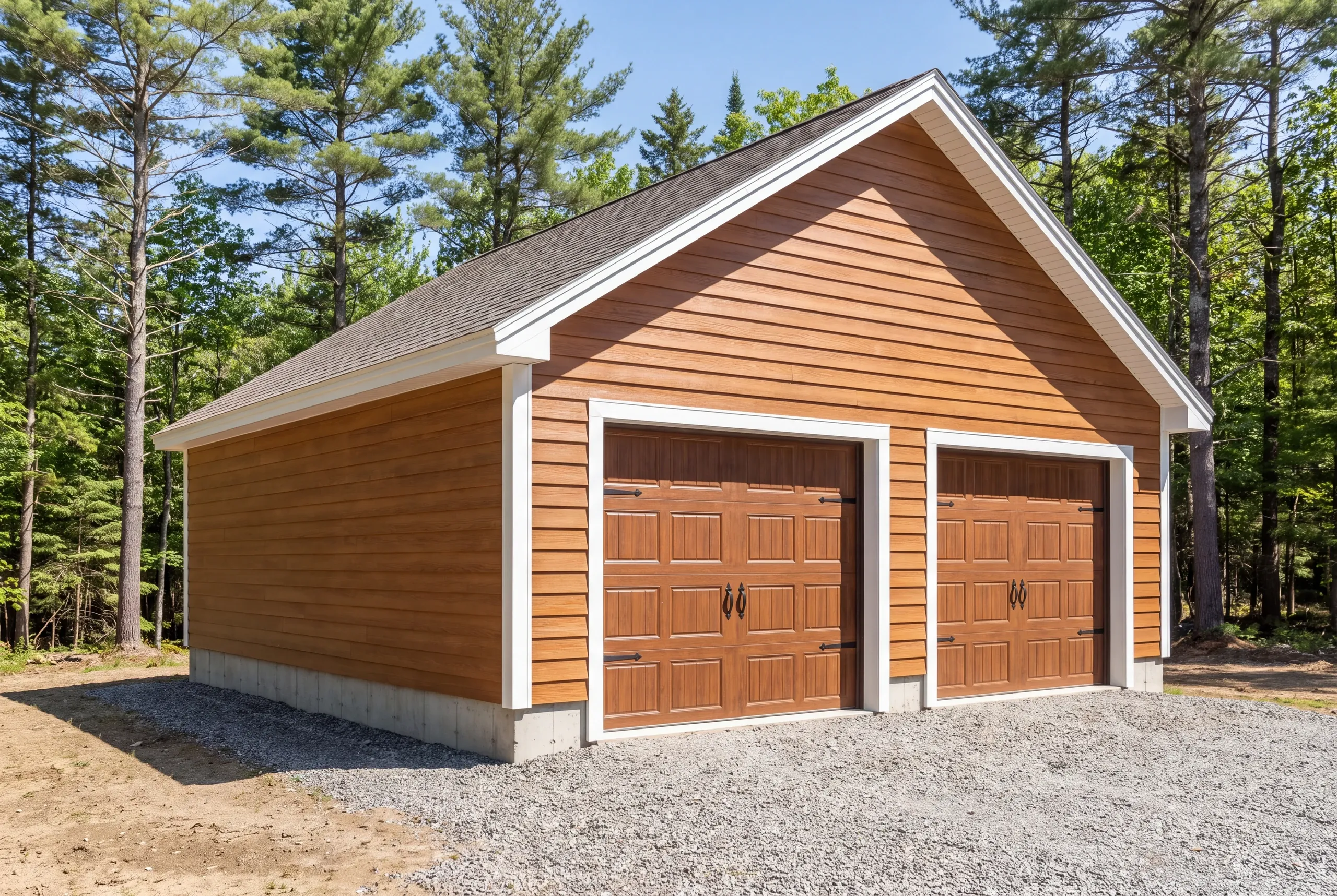 Garage builder Mt. Vernon, ME crew cutting a level pad into a wooded hillside lot