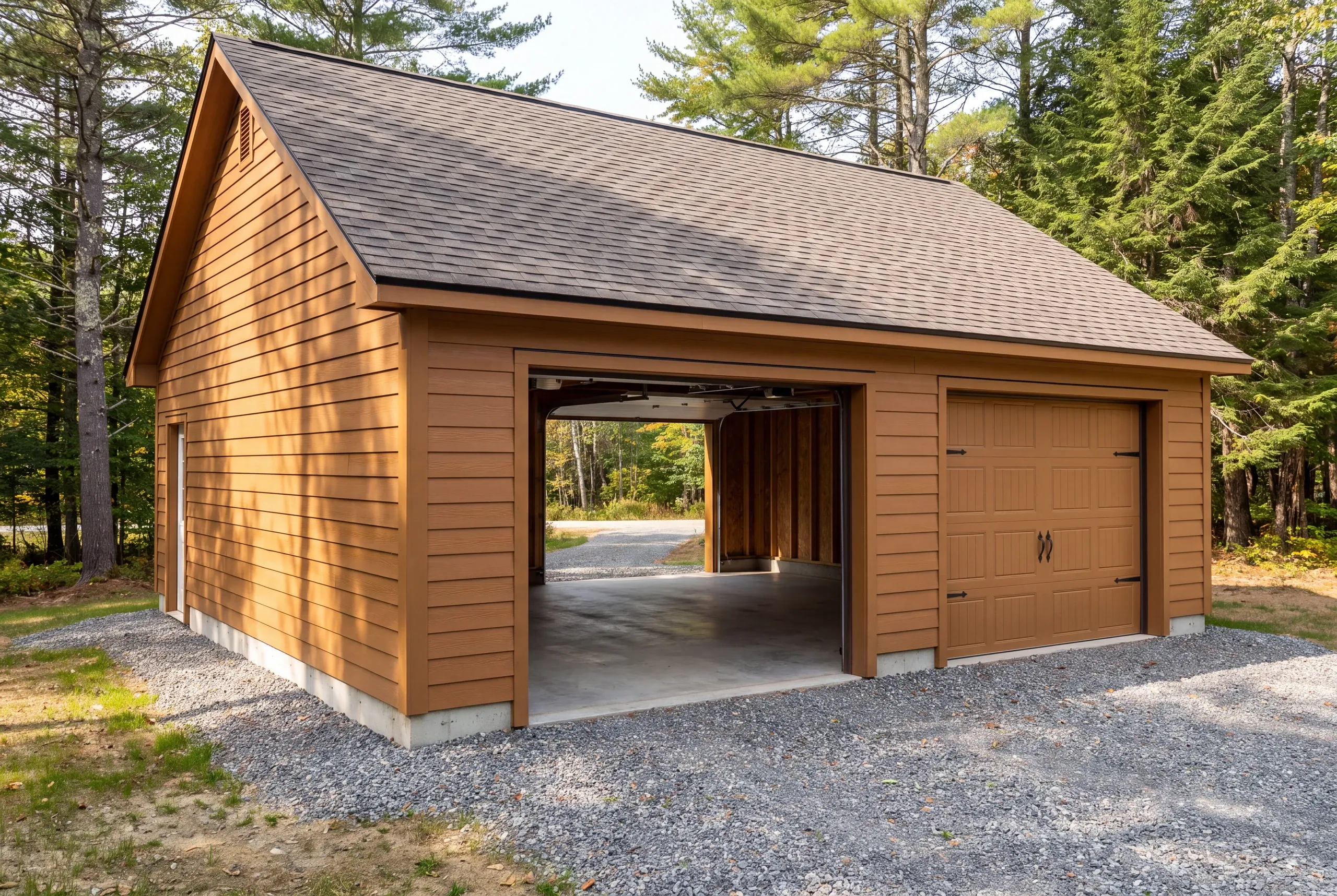 Finished garage interior in Mt Vernon with the overhead door open to the yard