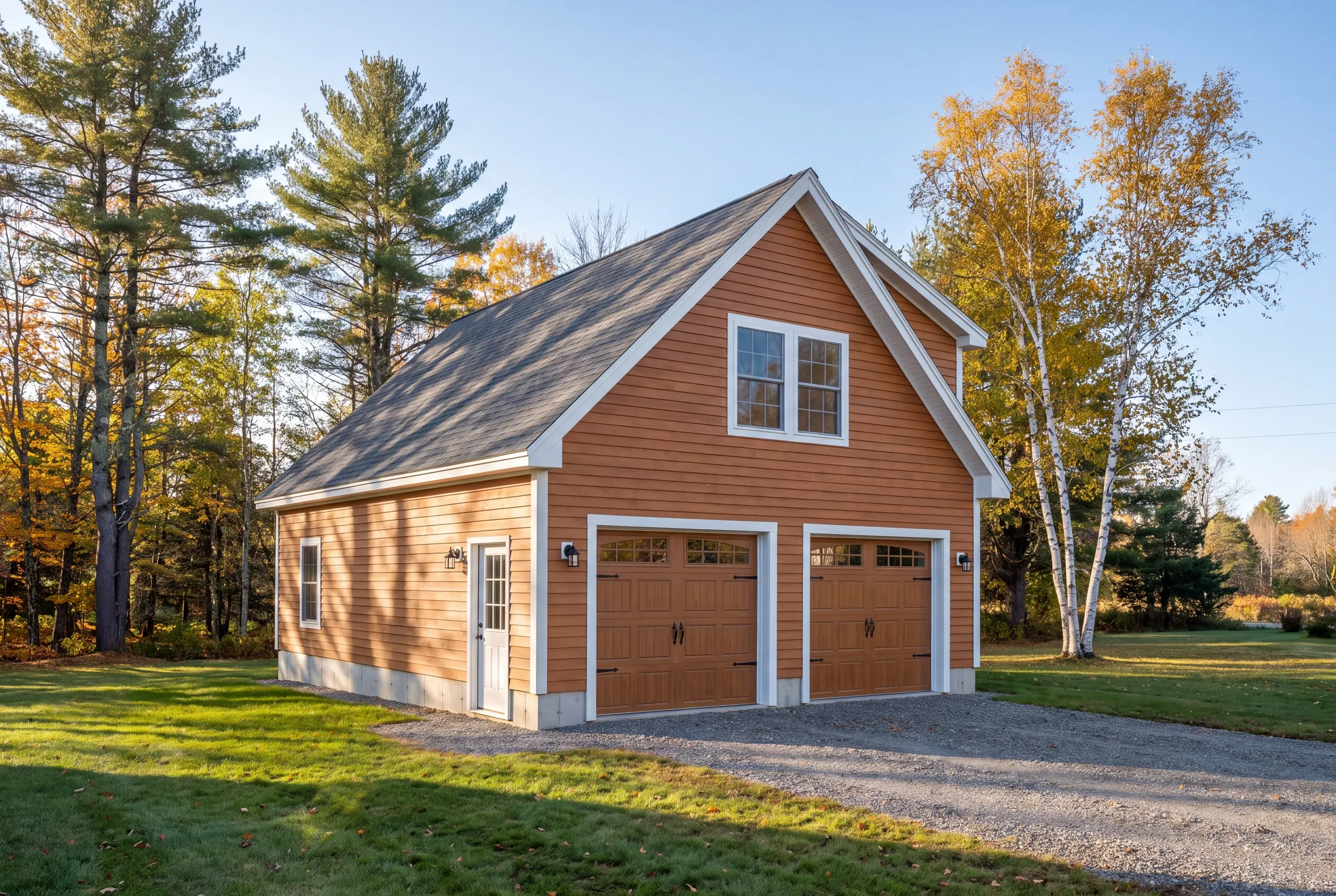 Finished detached garage on a Mt Vernon, Maine property, wide view