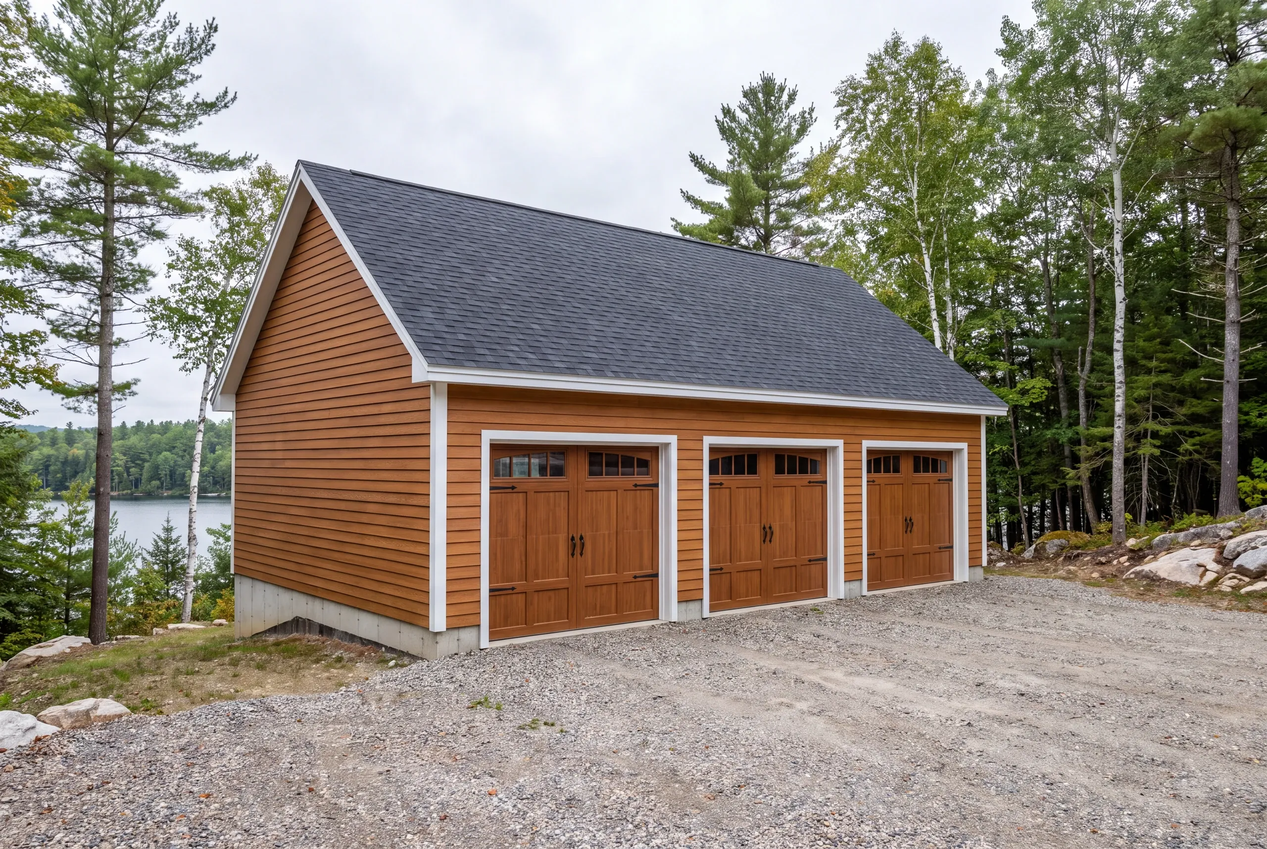 Garage builder Oakland, ME crew building a detached garage above Messalonskee Lake