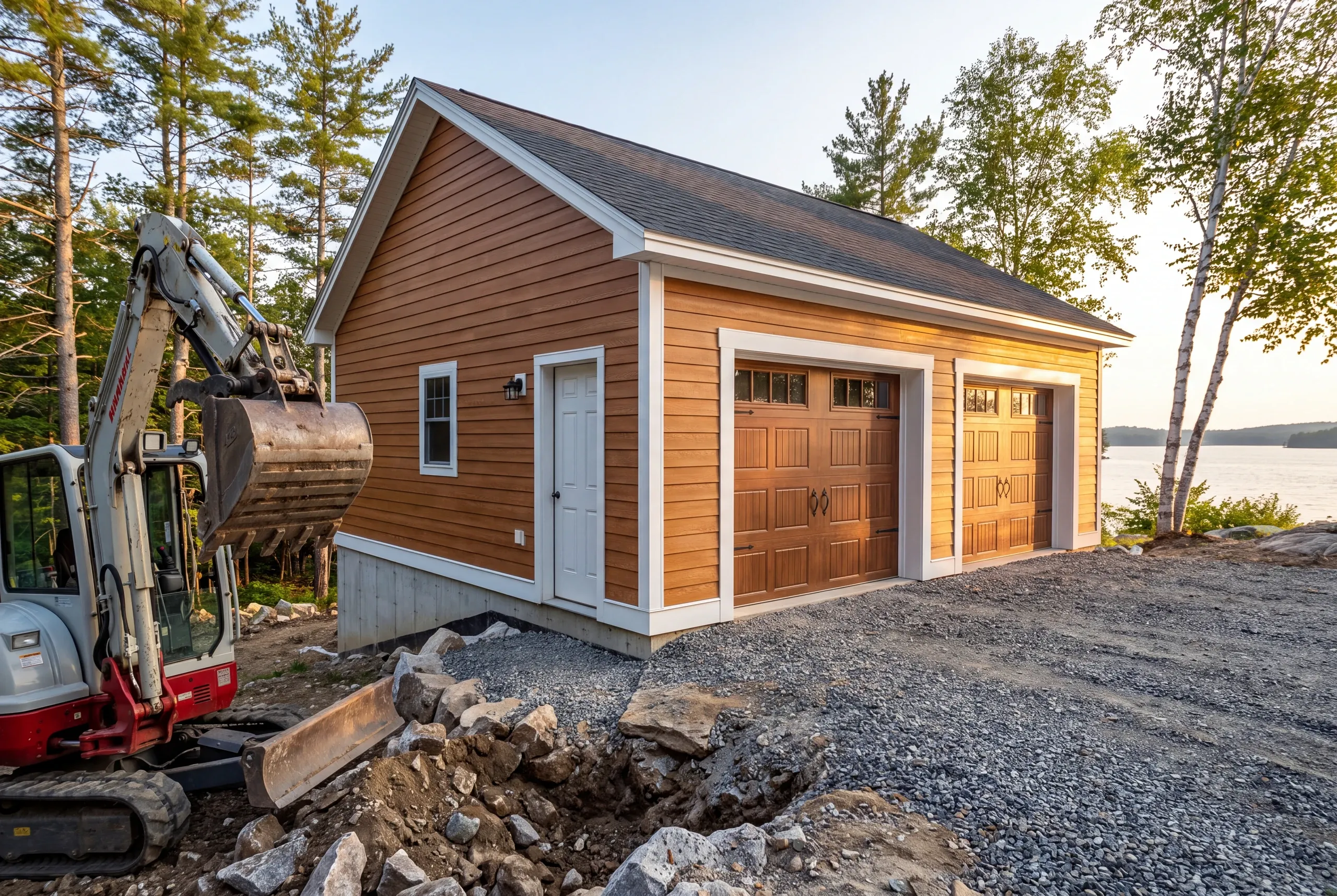 Compact excavator cutting a garage pad into a steep Oakland lakefront lot