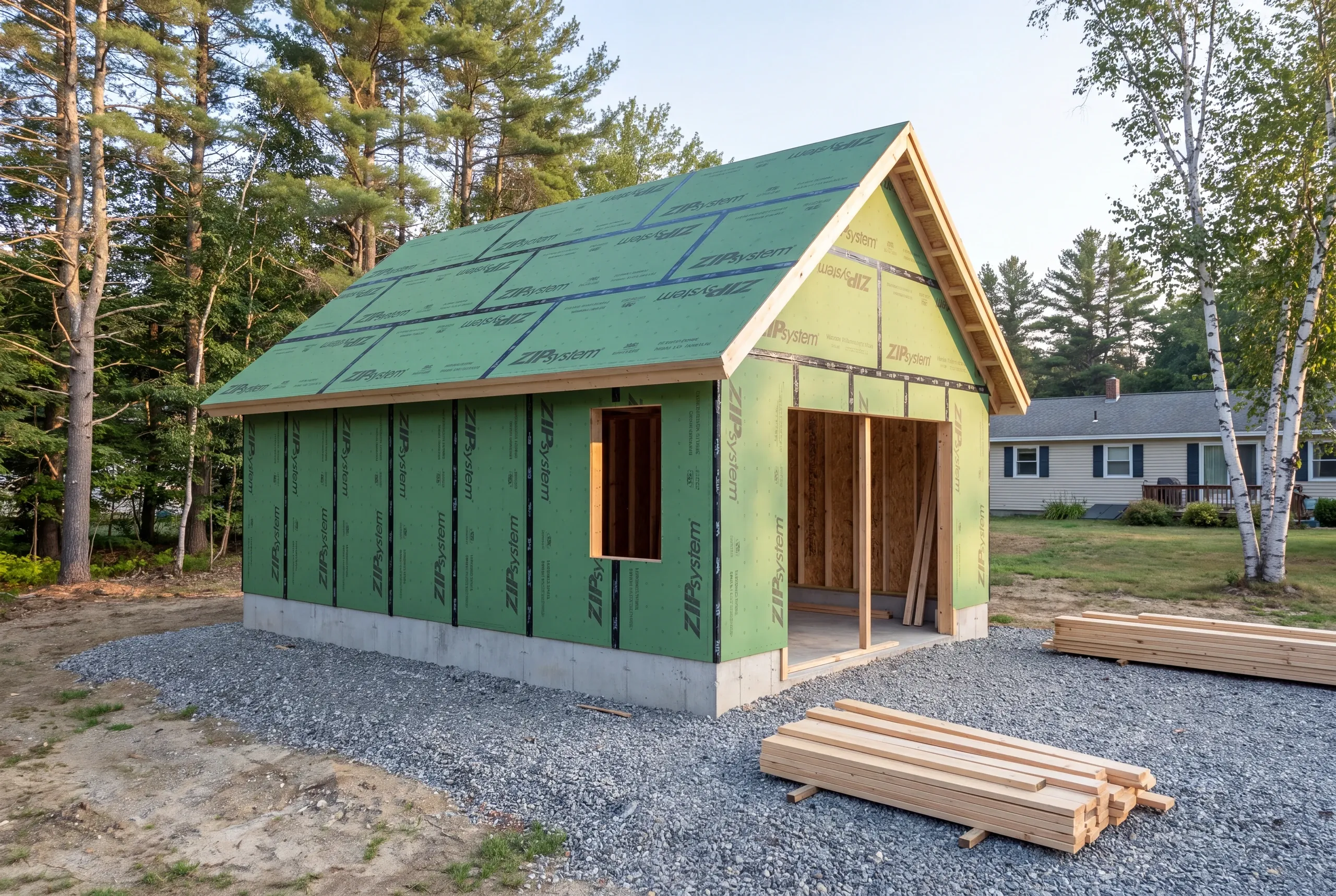 LP SmartSide siding going on a new garage shell in Oakland, Maine