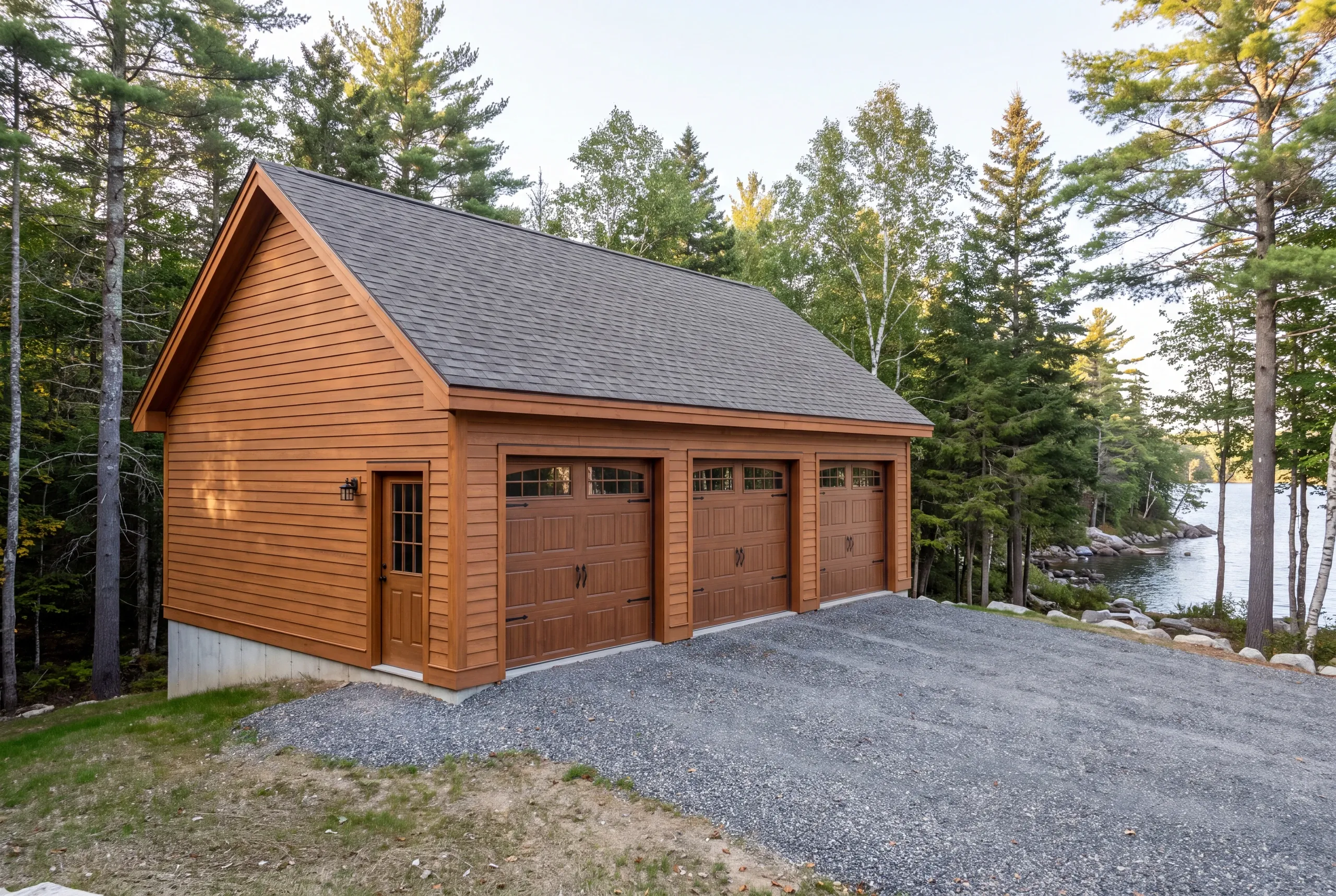 Completed two-bay garage set into a hillside near Snow Pond in Oakland