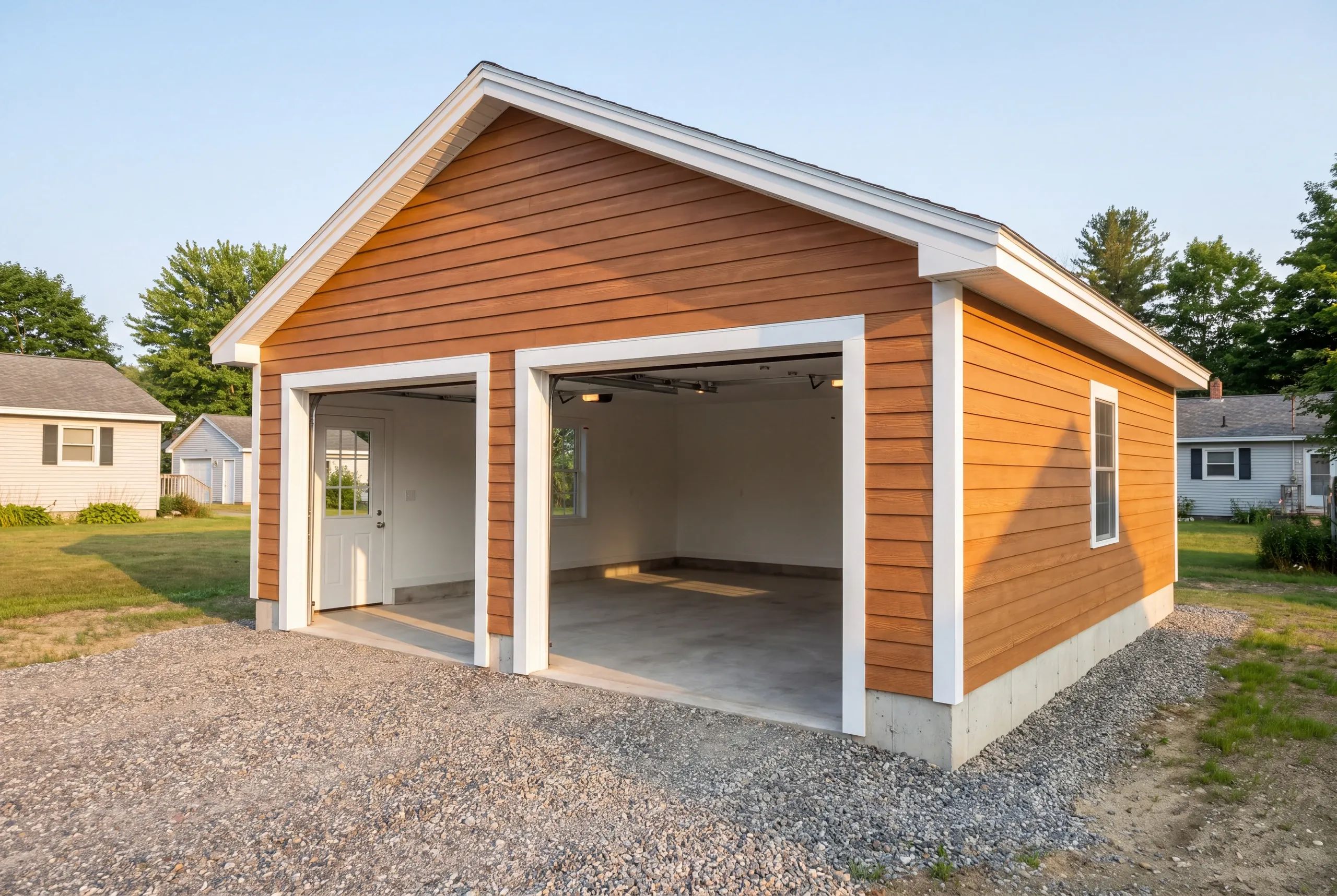 Finished garage interior in Oakland with the overhead door open to the yard