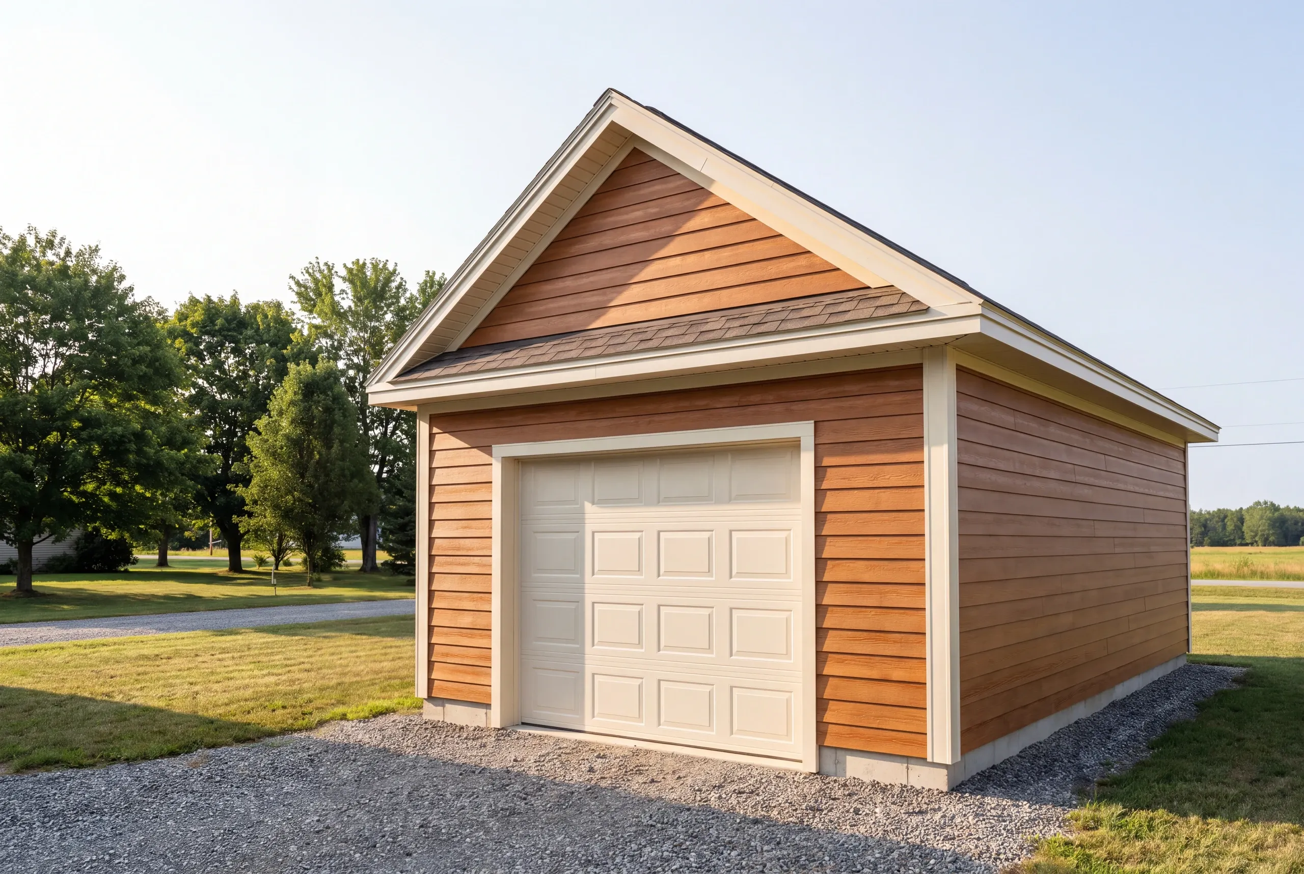 Finished detached garage on an Oakland, Maine property, wide view