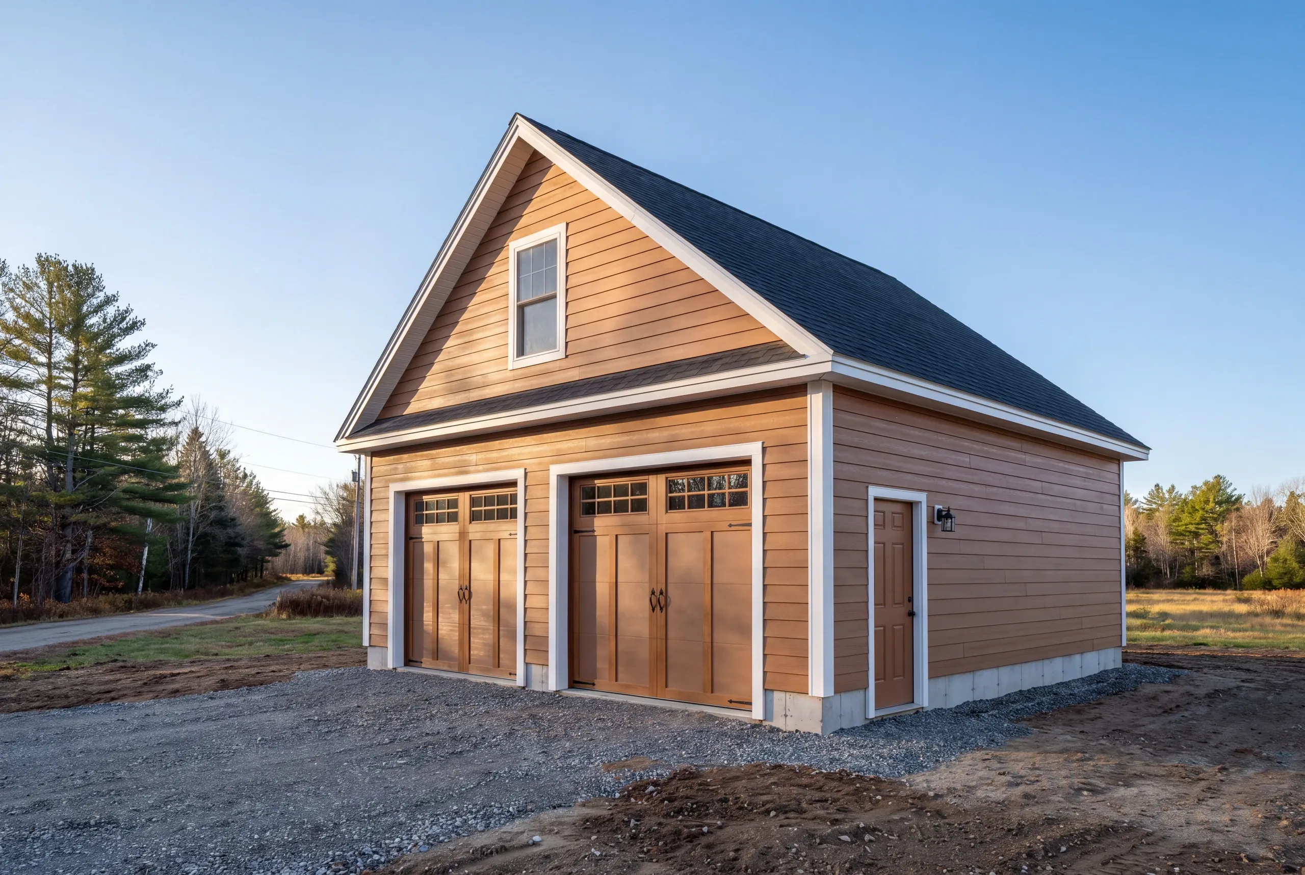Finished detached garage on a Palermo homestead with gravel to the door