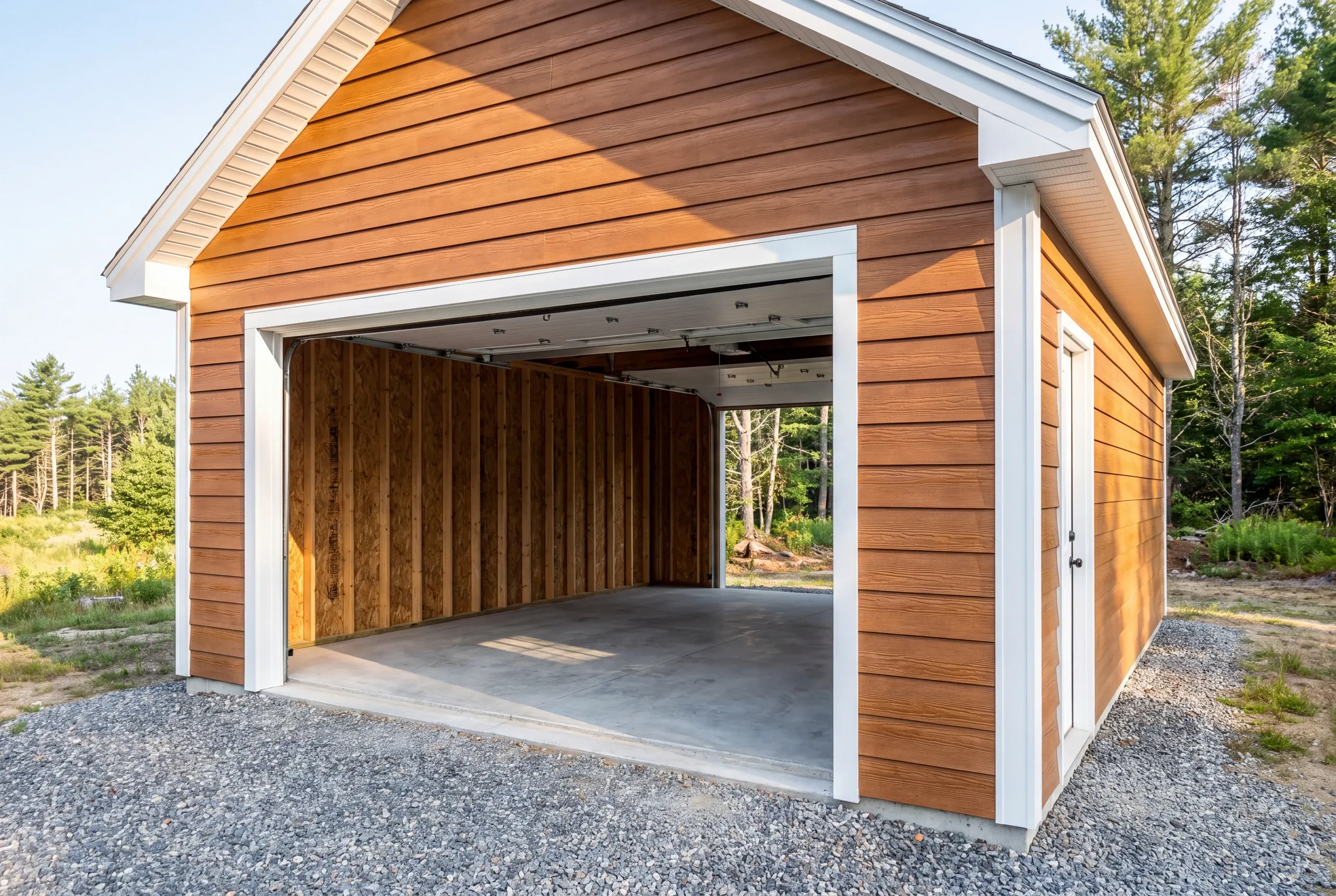 Finished garage interior in Palermo with the overhead door open to the yard