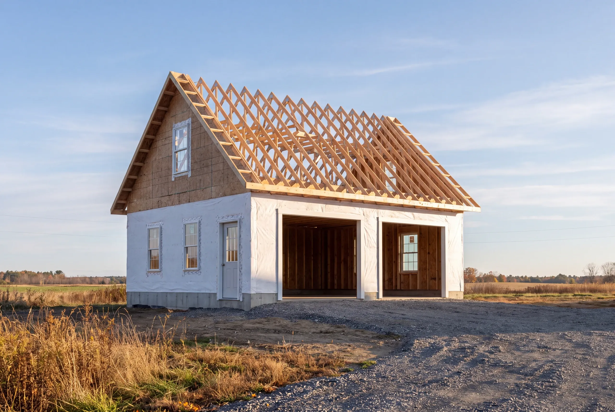 Garage builder Sidney, ME crew setting trusses on a detached garage in open farmland