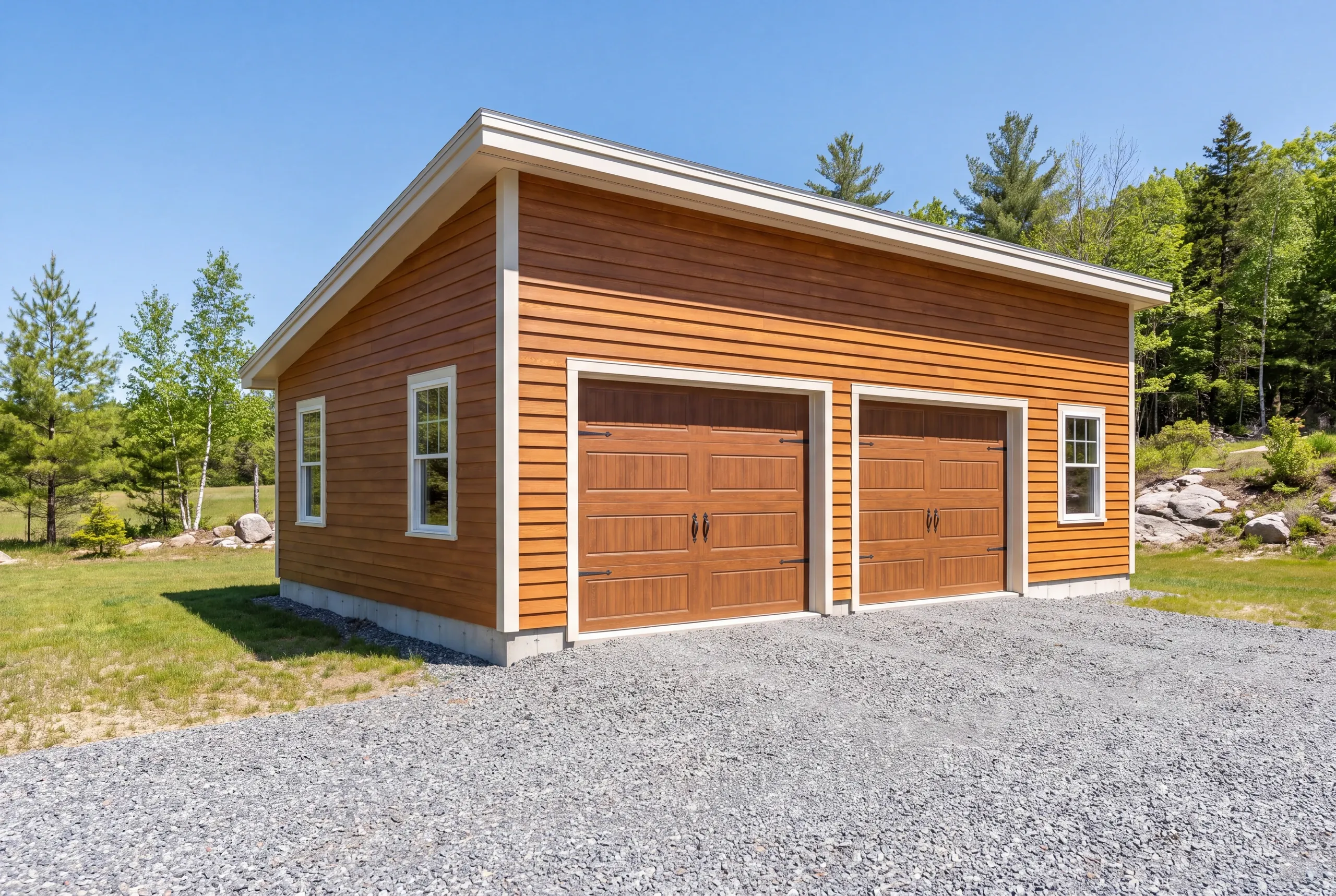 Wide gravel drive running to a new garage door on a Sidney property