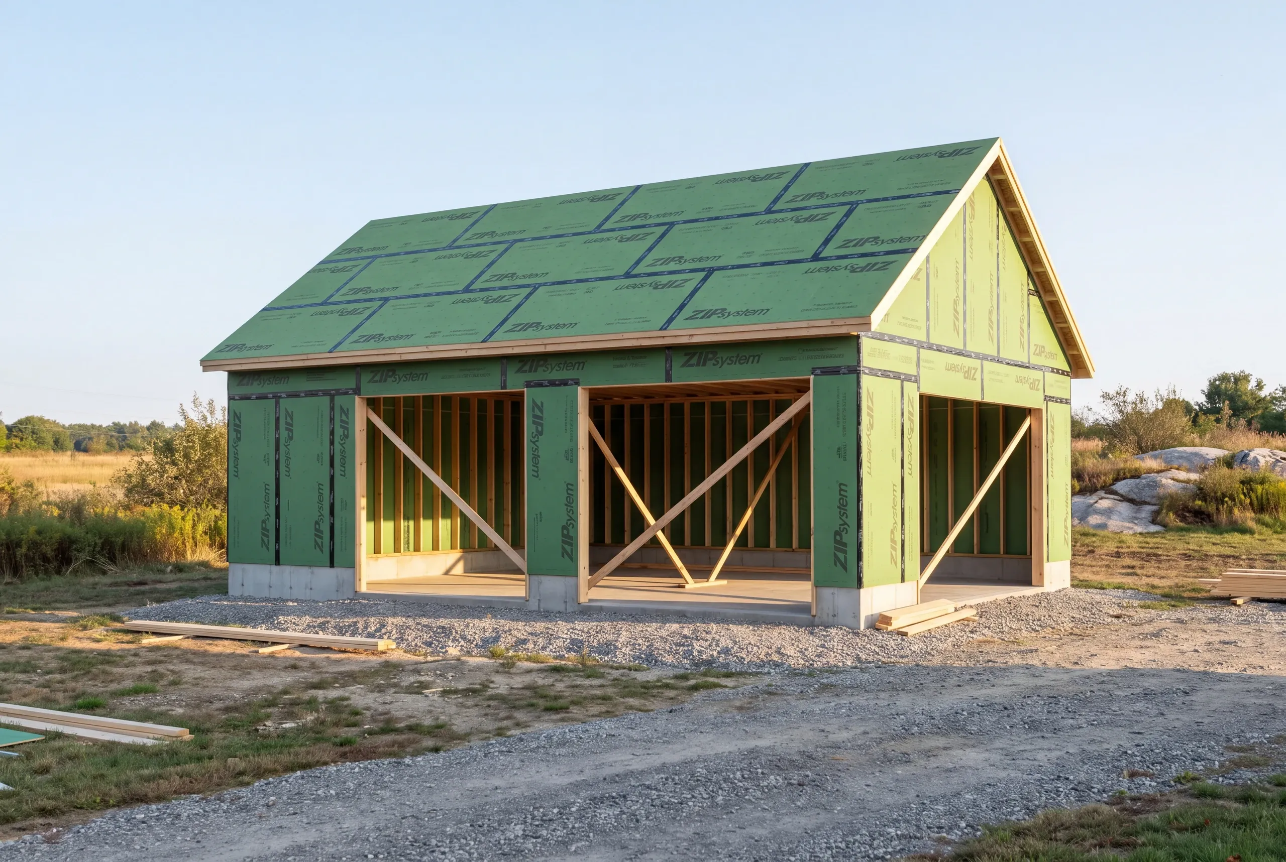Three-bay garage shell under construction on open land in Sidney, Maine