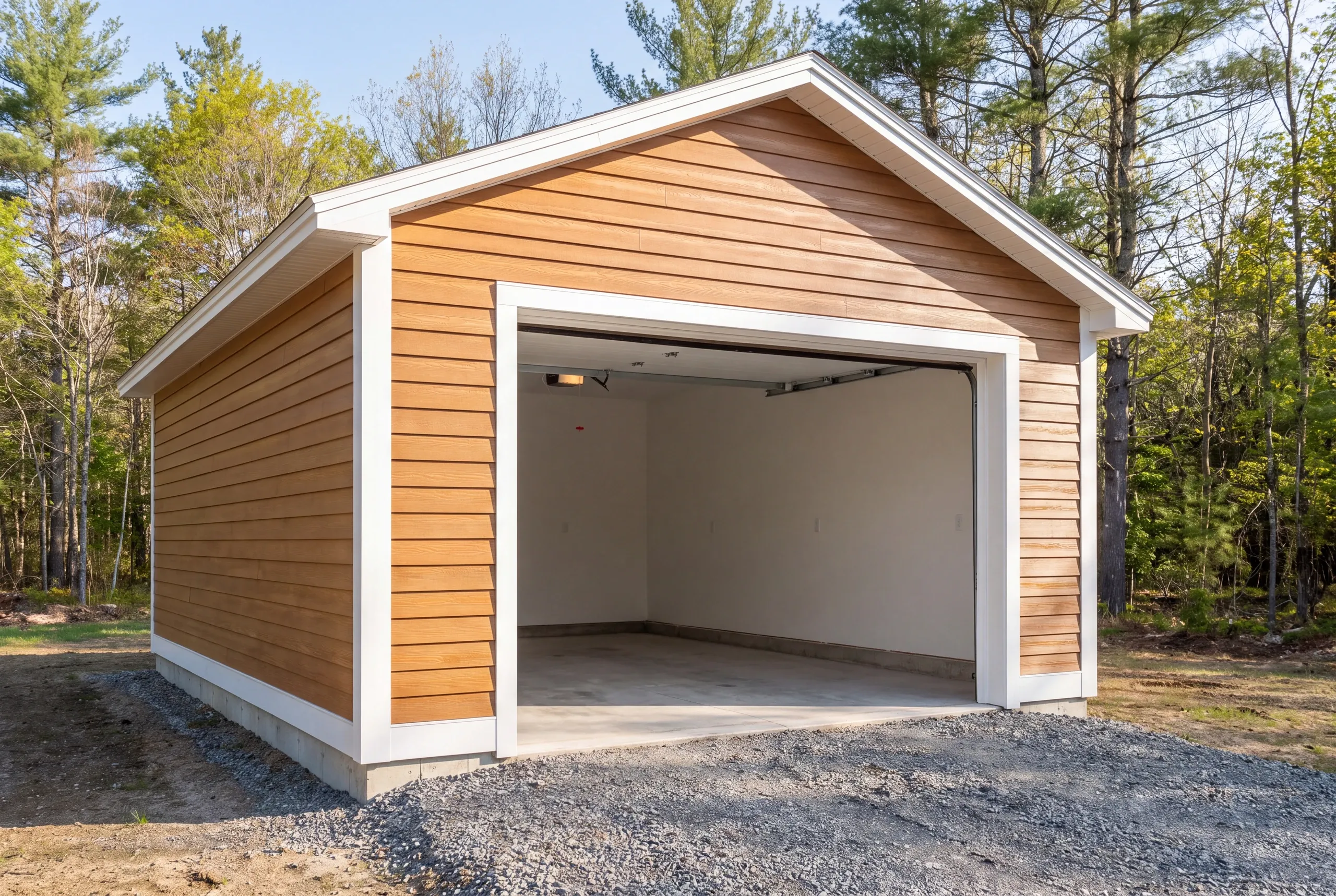 Finished garage interior in Sidney with the overhead door open to the yard