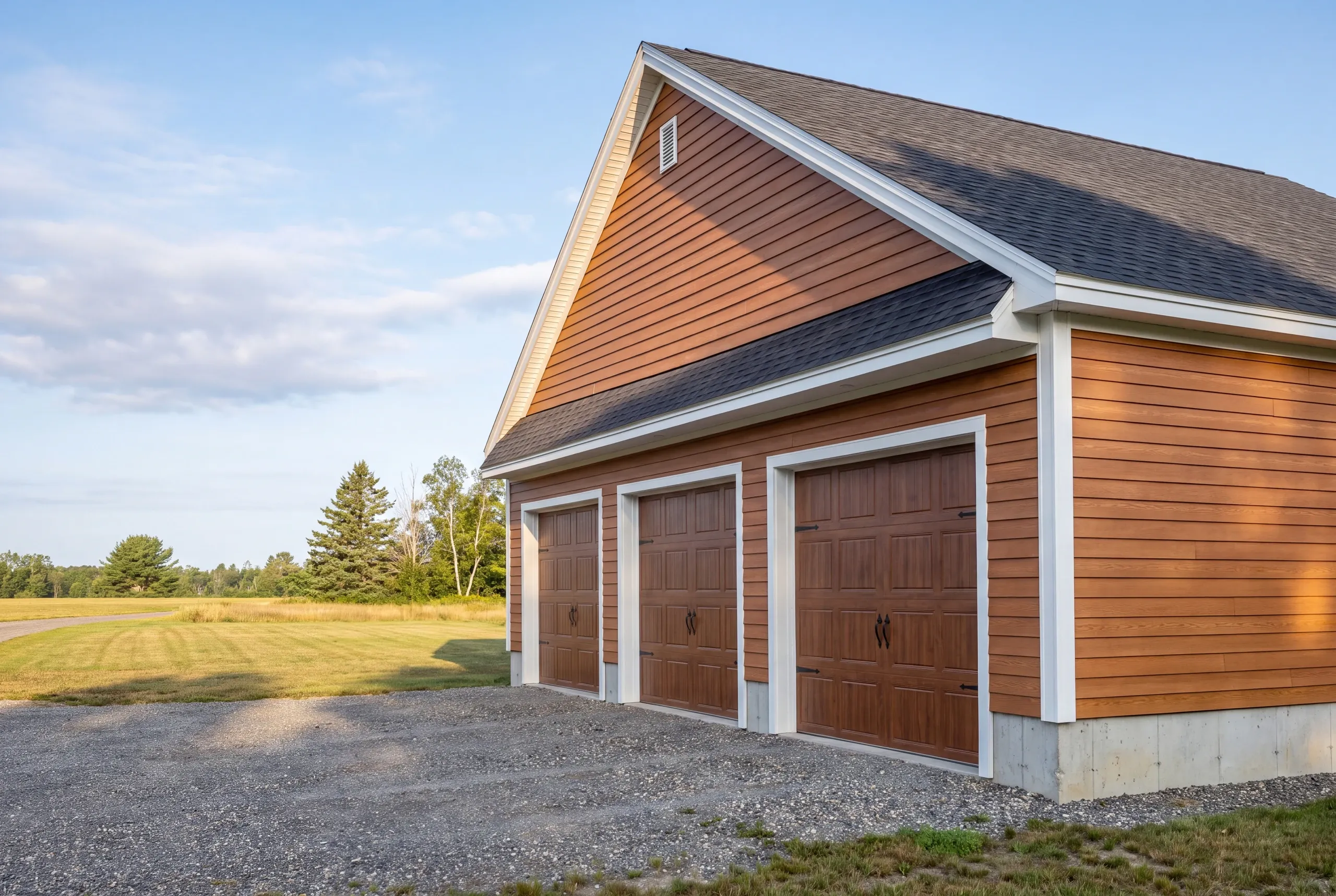 Finished detached garage on a Sidney, Maine property, wide view
