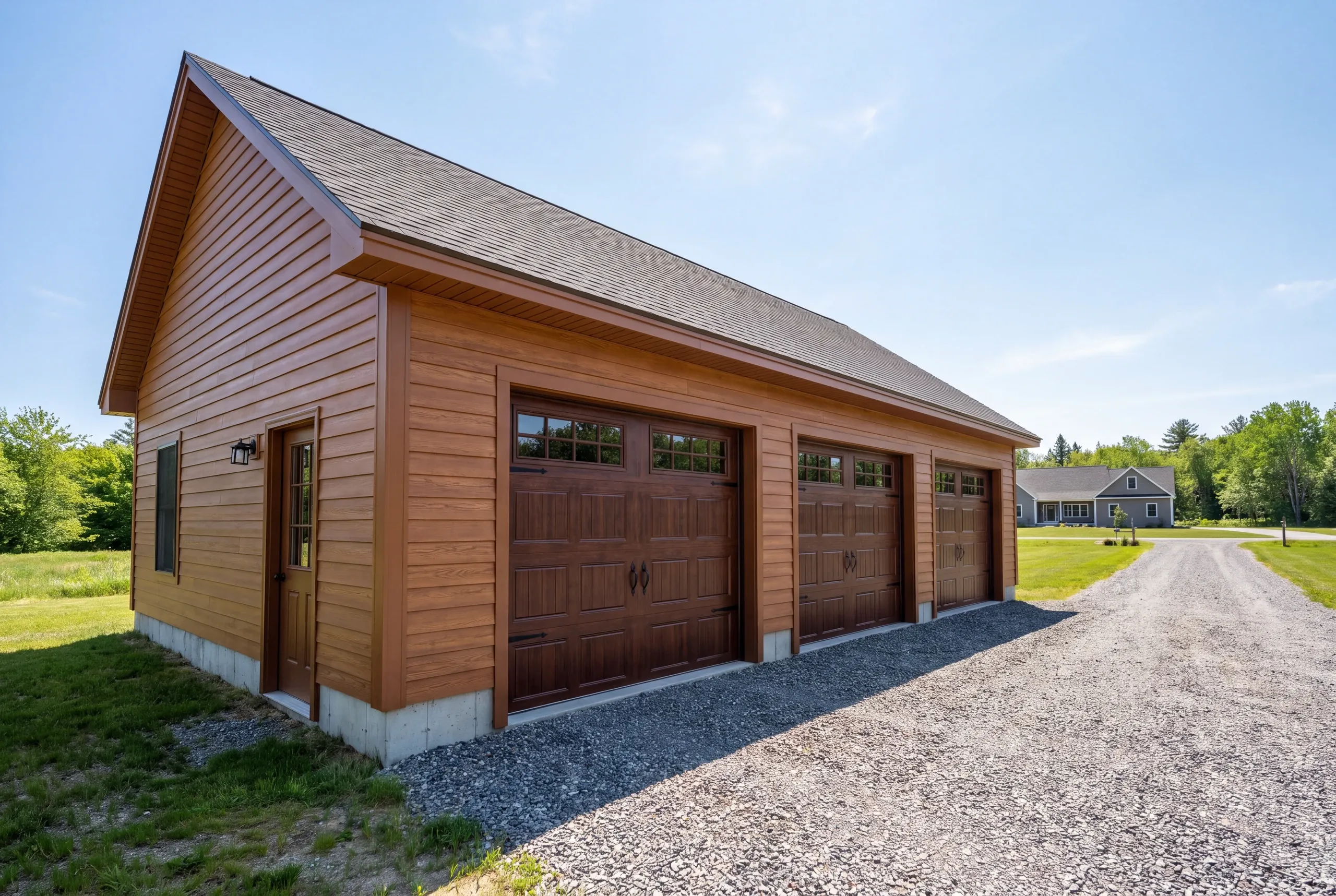 Garage builder Vassalboro, ME crew building a three-bay detached garage at the end of a long drive