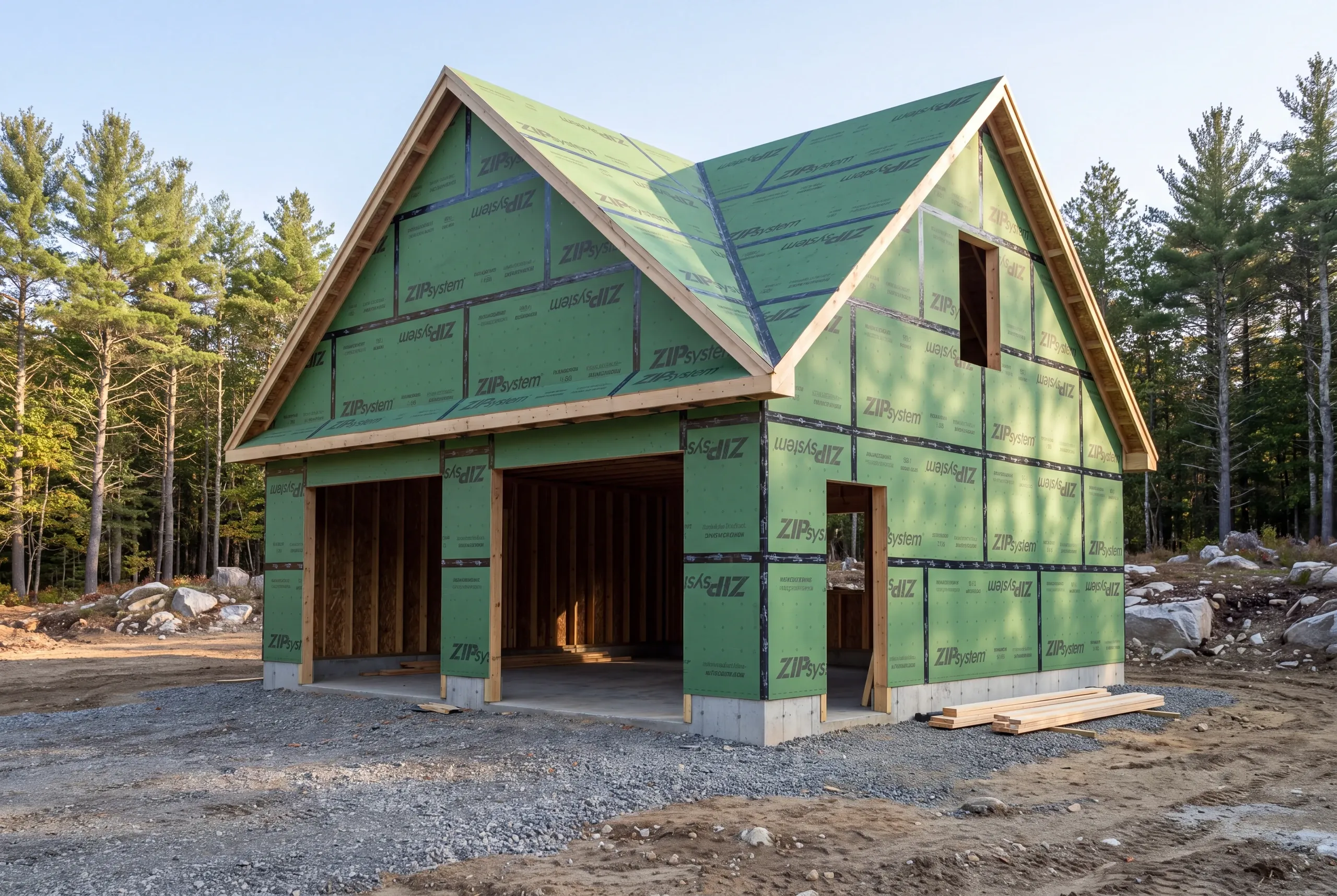 Taped sheathing on a large garage shell in Vassalboro, Maine