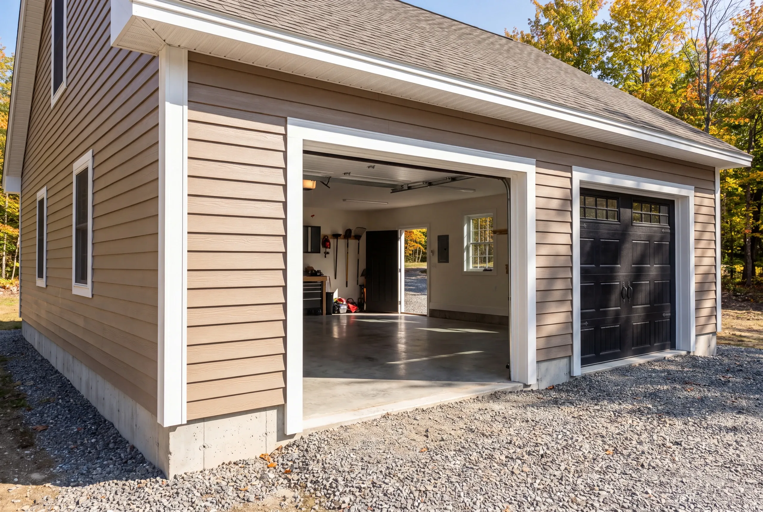 Finished garage interior in Vassalboro with the overhead door open to the yard