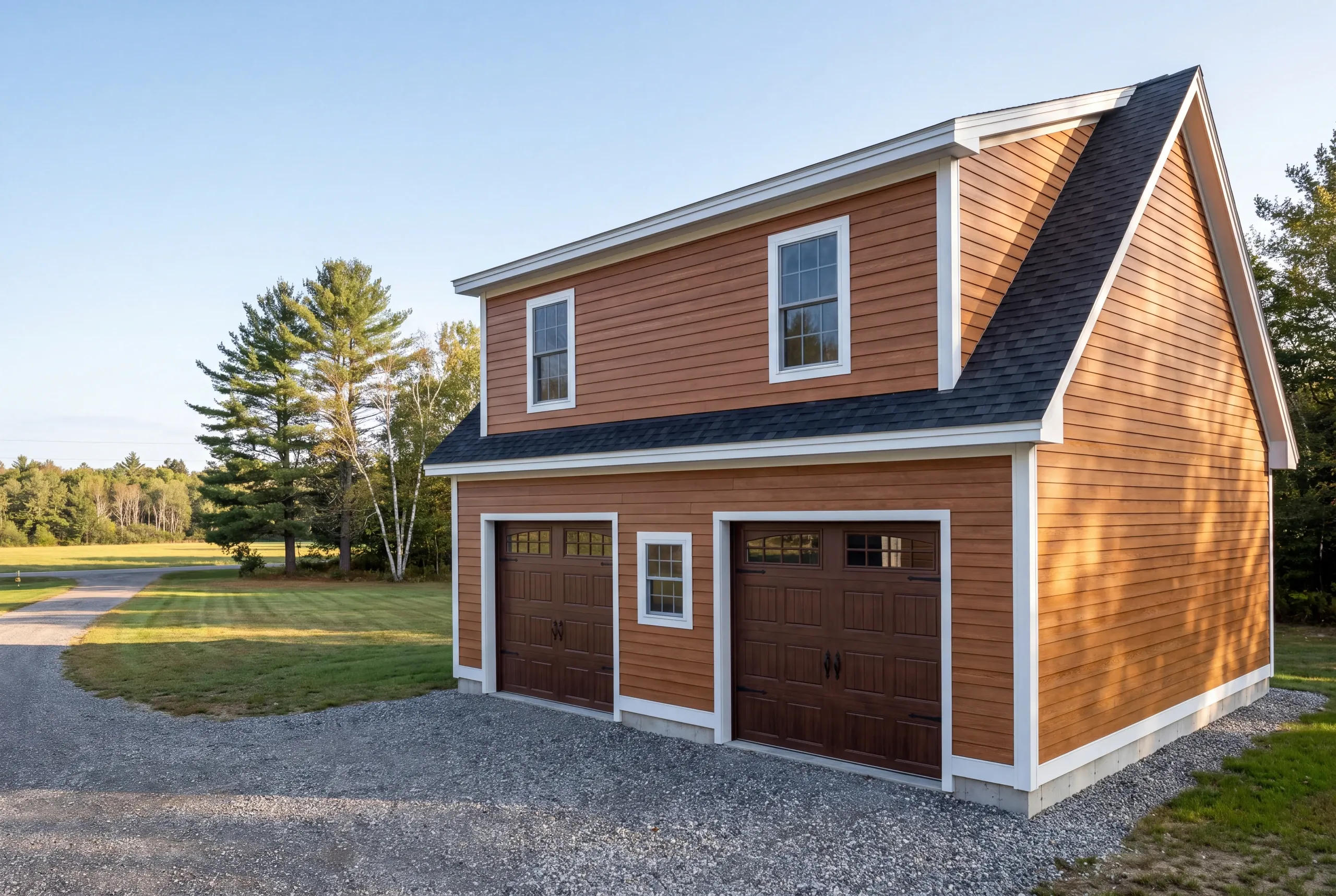 Finished detached garage on a Vassalboro, Maine property, wide view