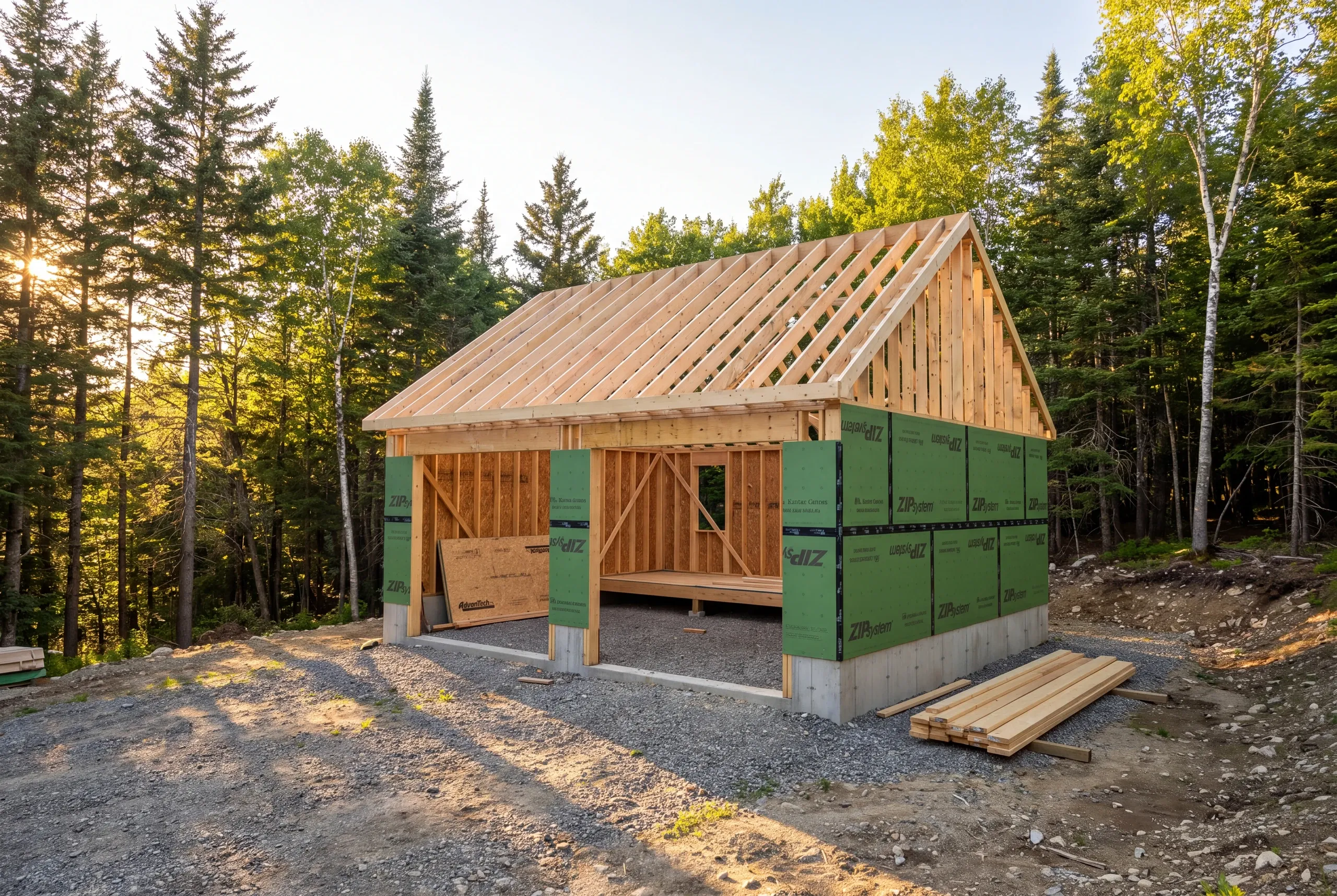 Garage builder Vienna, ME crew framing a detached garage on a wooded hillside parcel