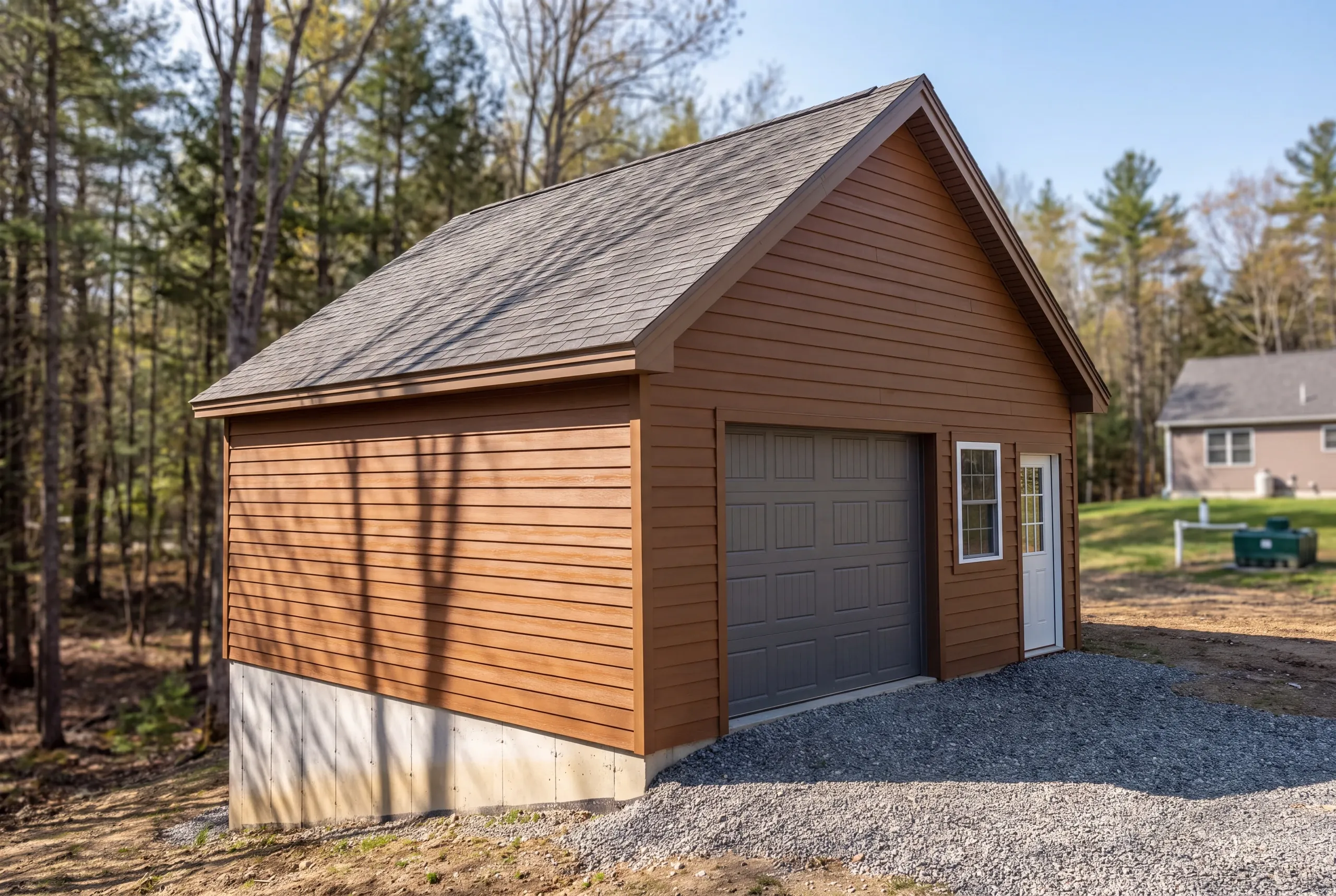 Steep-pitch garage roof framed for high-elevation snow load in Vienna, Maine