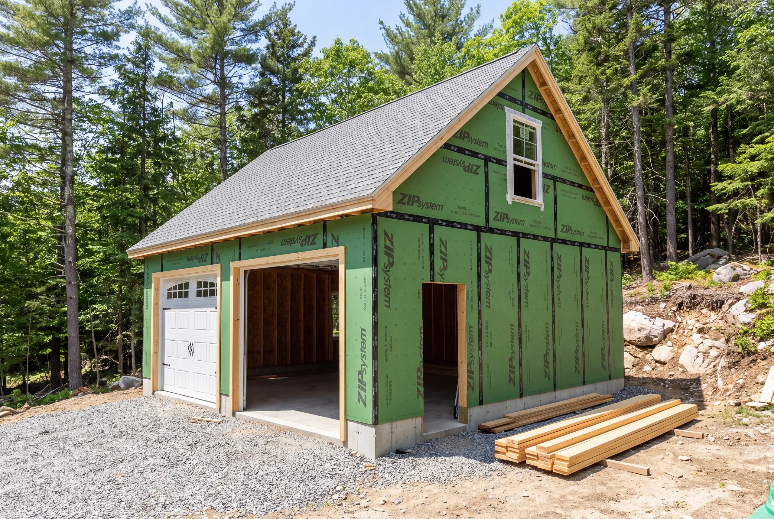 Insulated garage doors installed on a year-round building near Flying Pond