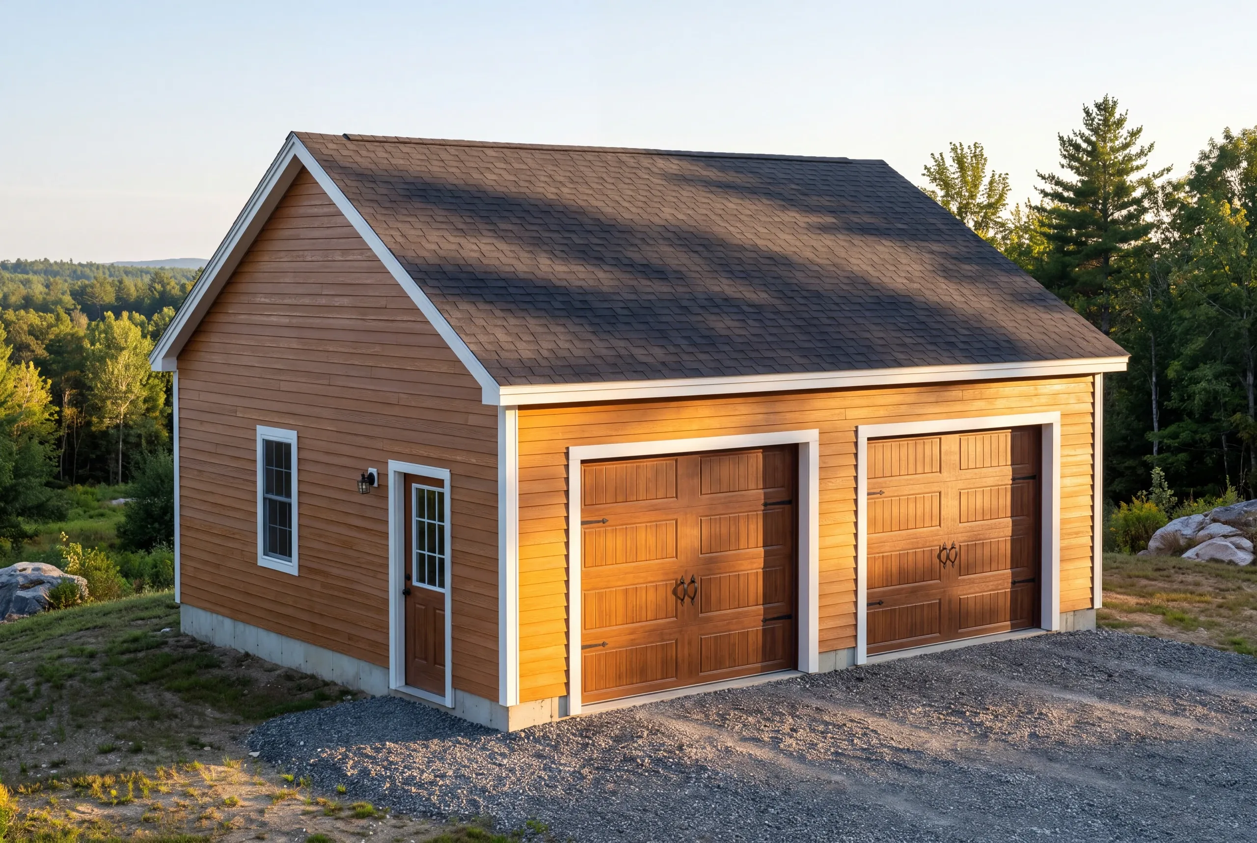 Completed two-bay garage with gravel drive on a rural Vienna hill lot