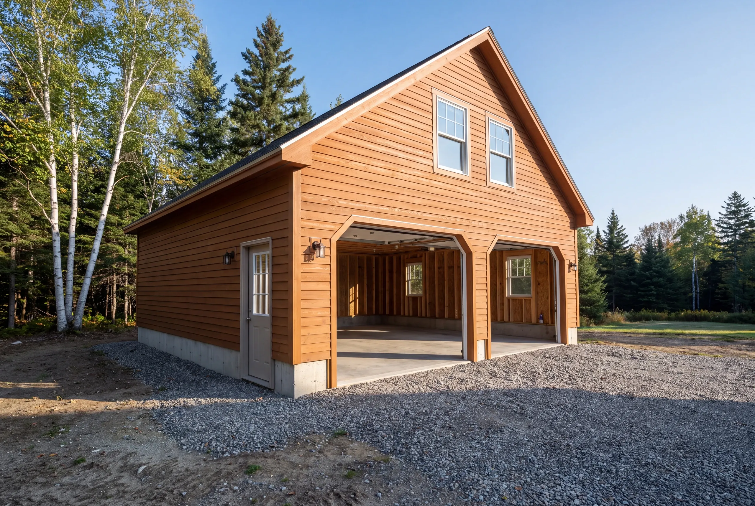 Finished garage interior in Vienna with the overhead door open to the yard