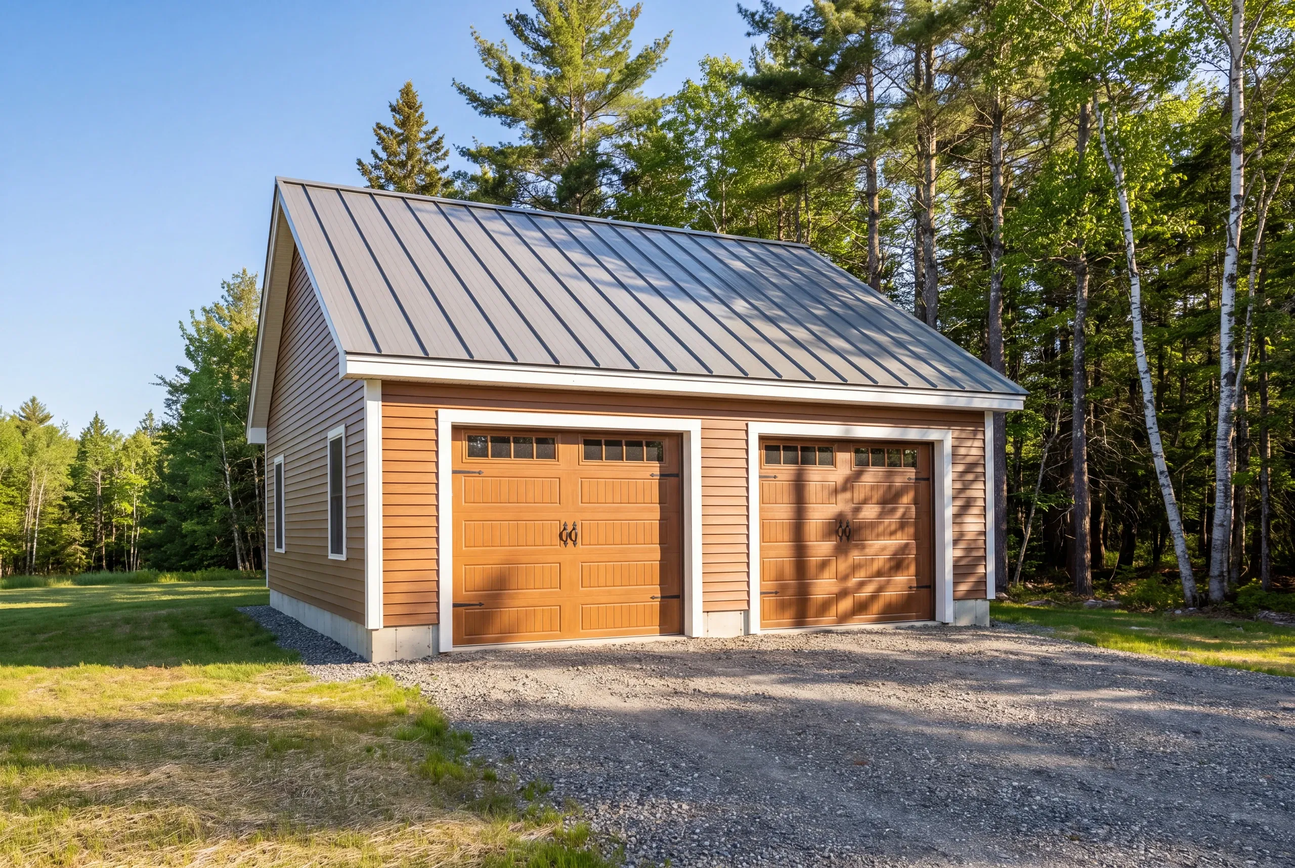 Finished detached garage on a Vienna, Maine property, wide view