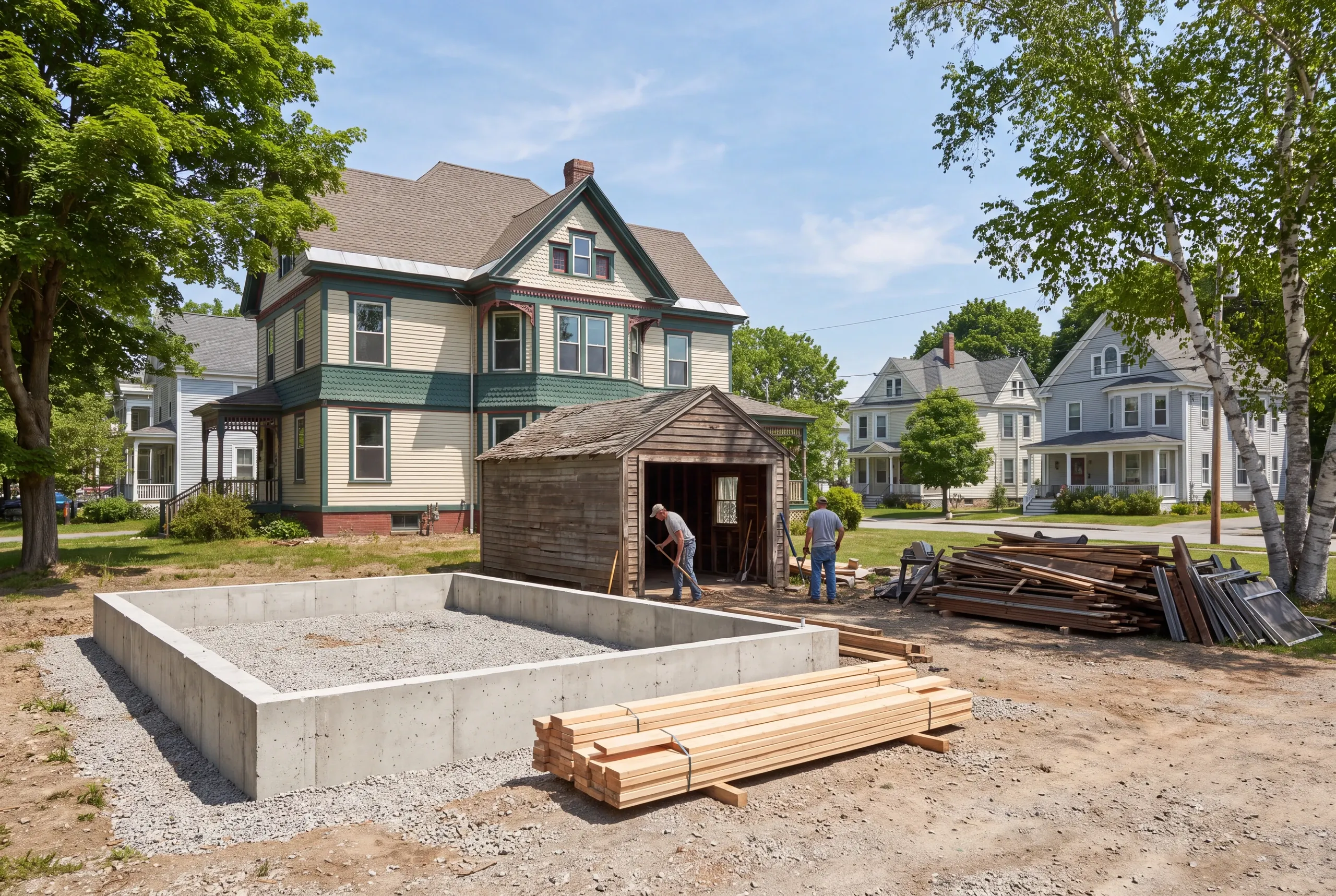 Old racked one-bay garage being demolished behind a Waterville home