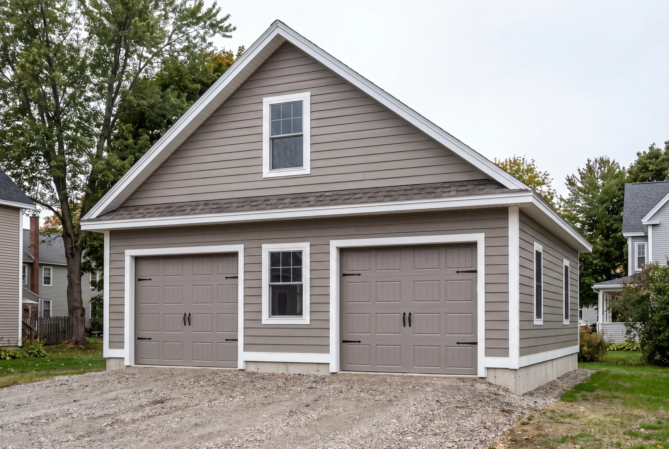 Finished two-bay garage matching the trim of a Victorian home in Waterville