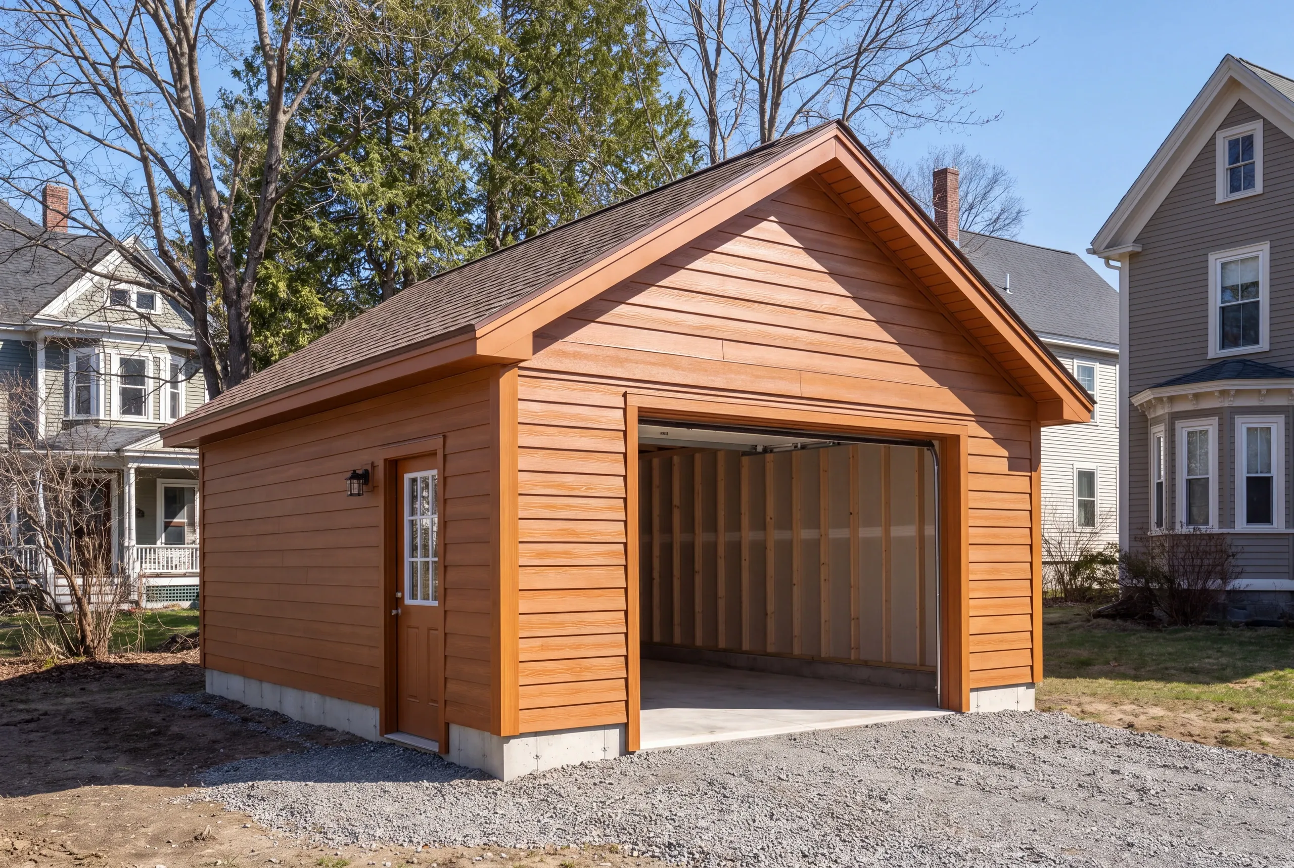 Finished garage interior in Waterville with the overhead door open to the yard