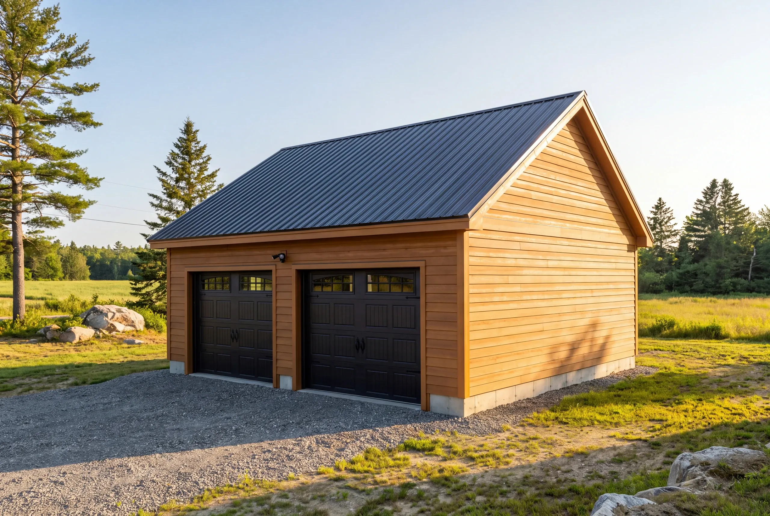 Garage builder Whitefield, ME crew raising a large detached garage on farmland along Route 218