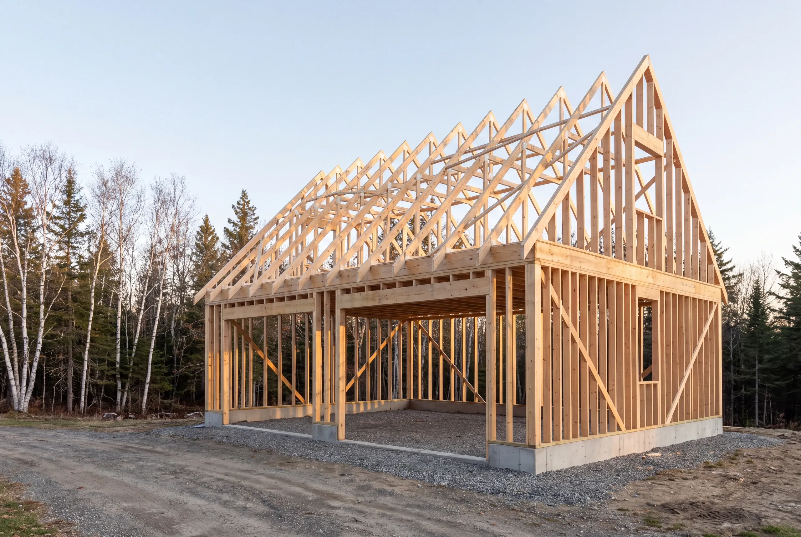 Long-span trusses being set on a wide garage frame in Whitefield, Maine