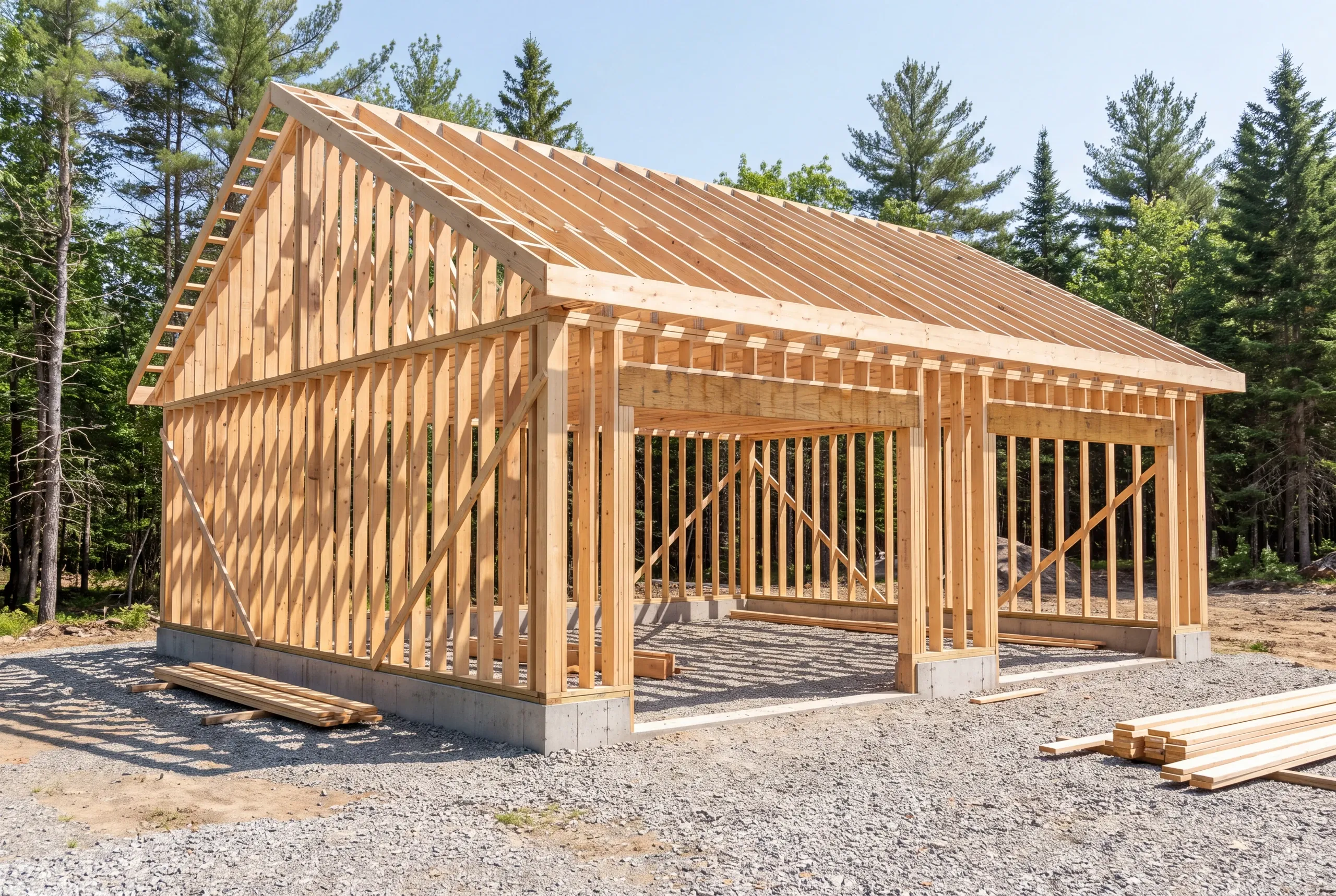 Wide bay openings framed with engineered headers on a Whitefield garage