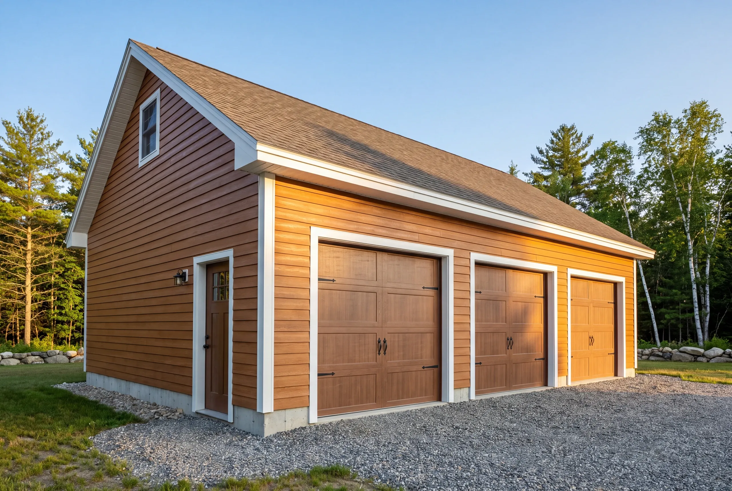 Completed three-bay garage with gravel approach on a Whitefield property