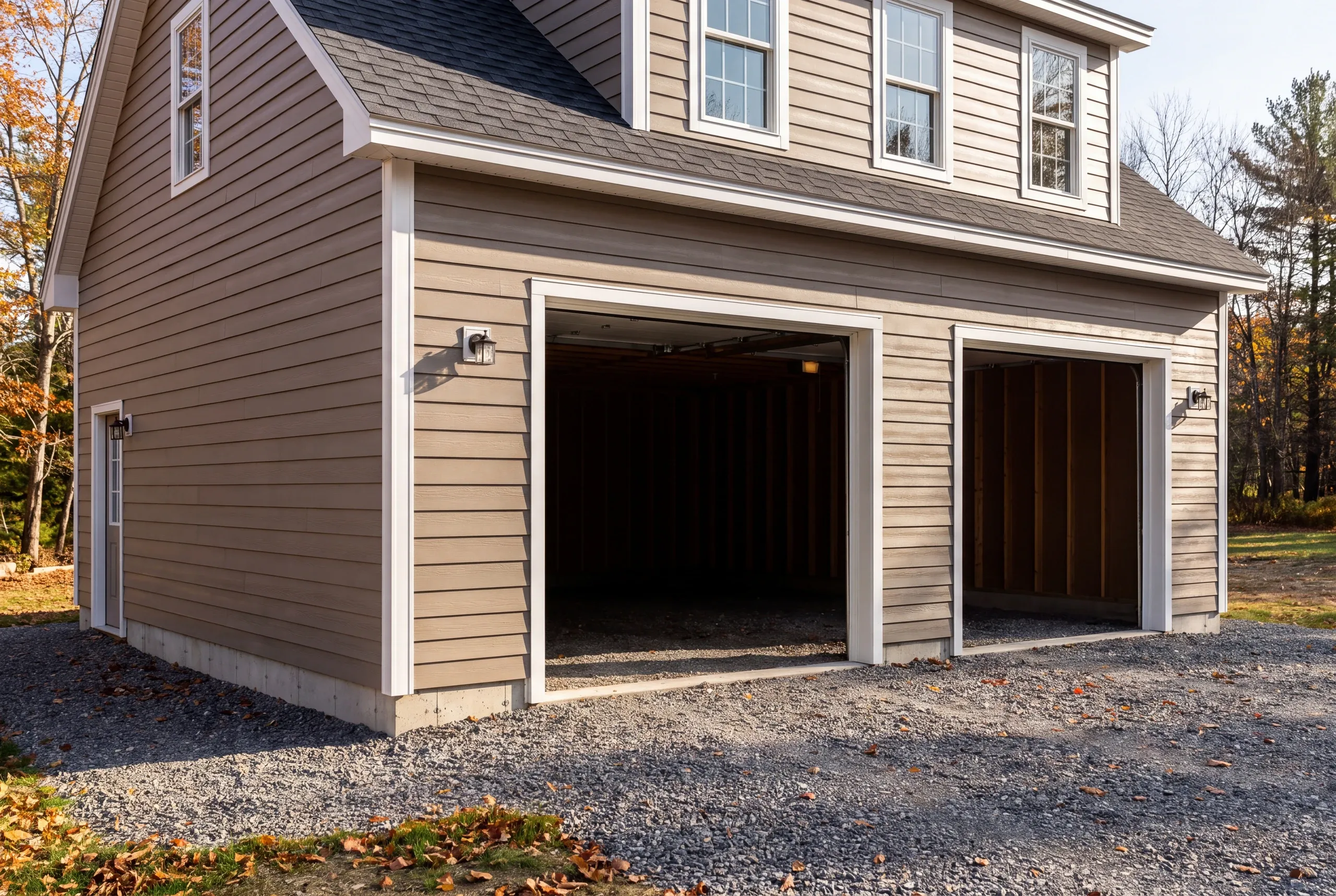 Finished garage interior in Whitefield with the overhead door open to the yard