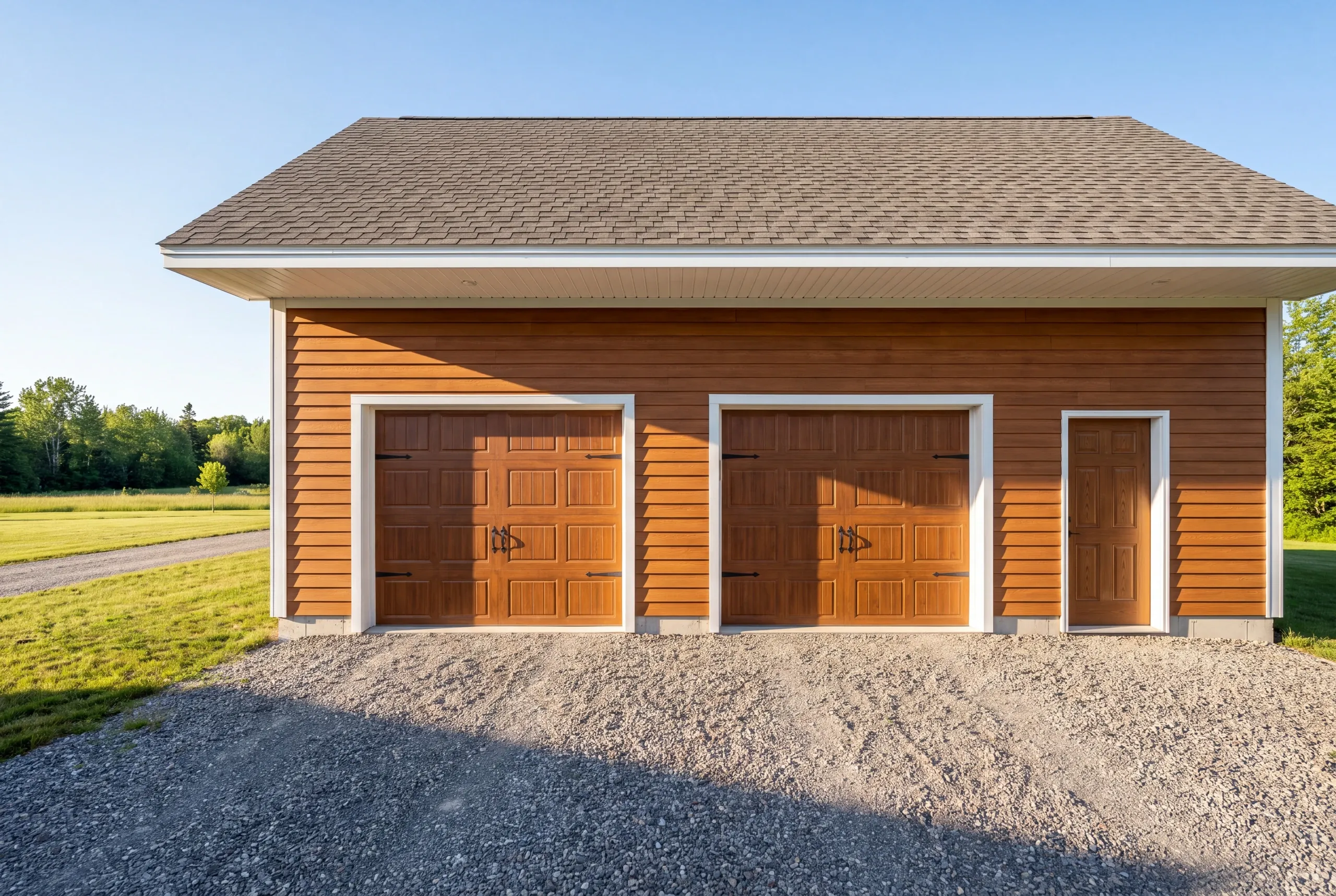 Finished detached garage on a Whitefield, Maine property, wide view