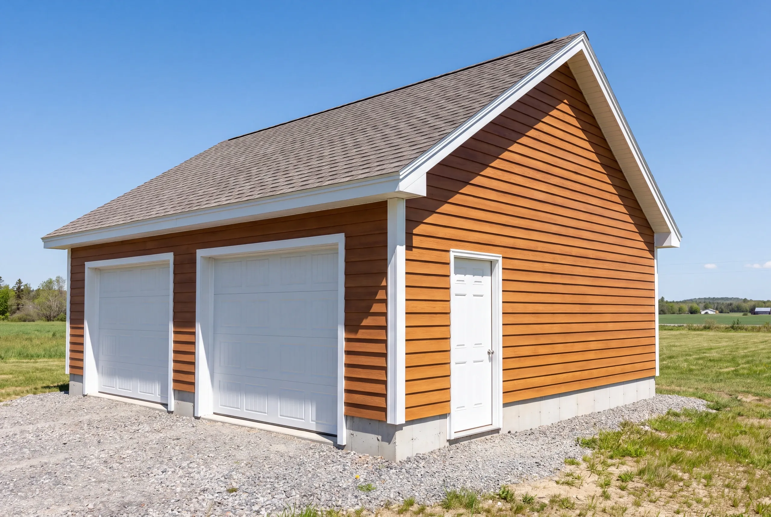 Garage builder Windsor, ME crew raising a wide equipment garage on open farmland