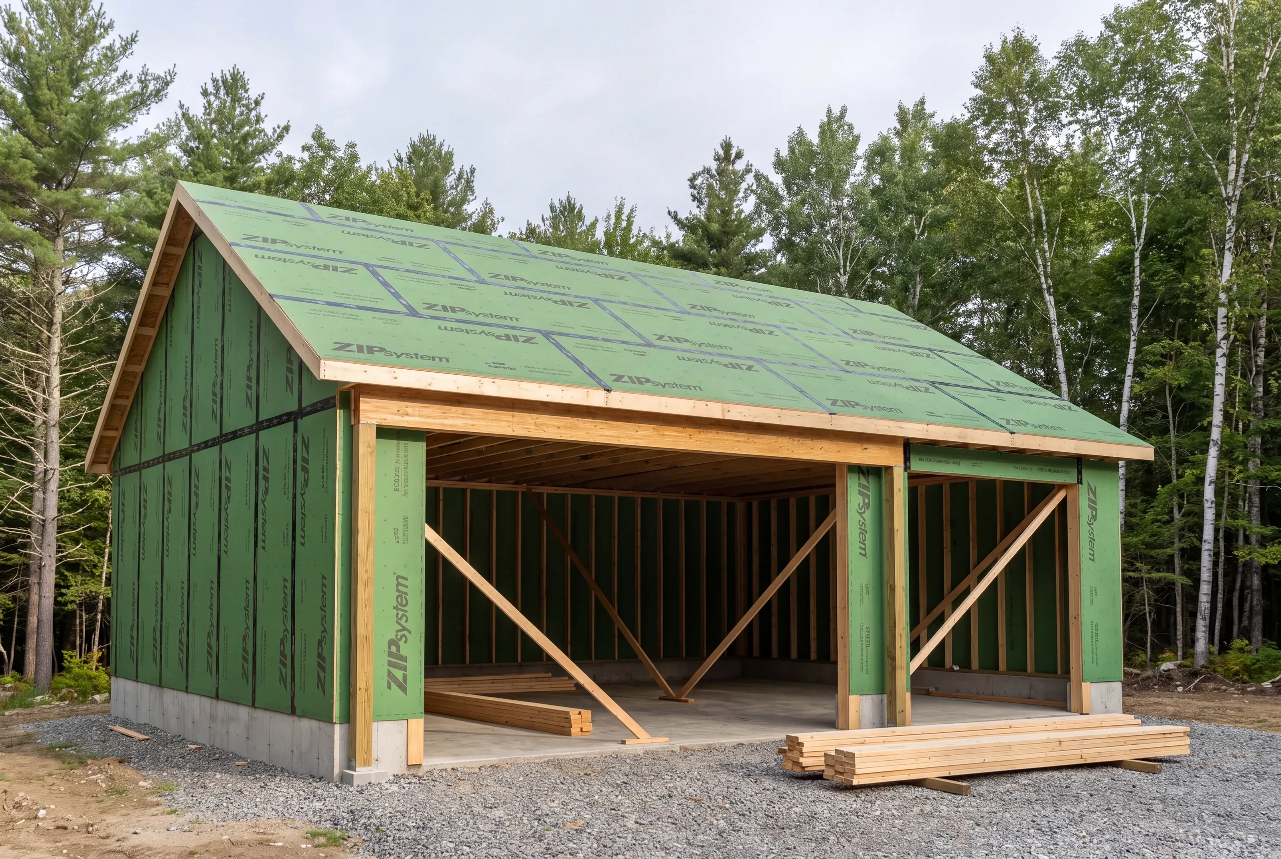 Wide overhead door opening framed with an engineered header on a Windsor garage