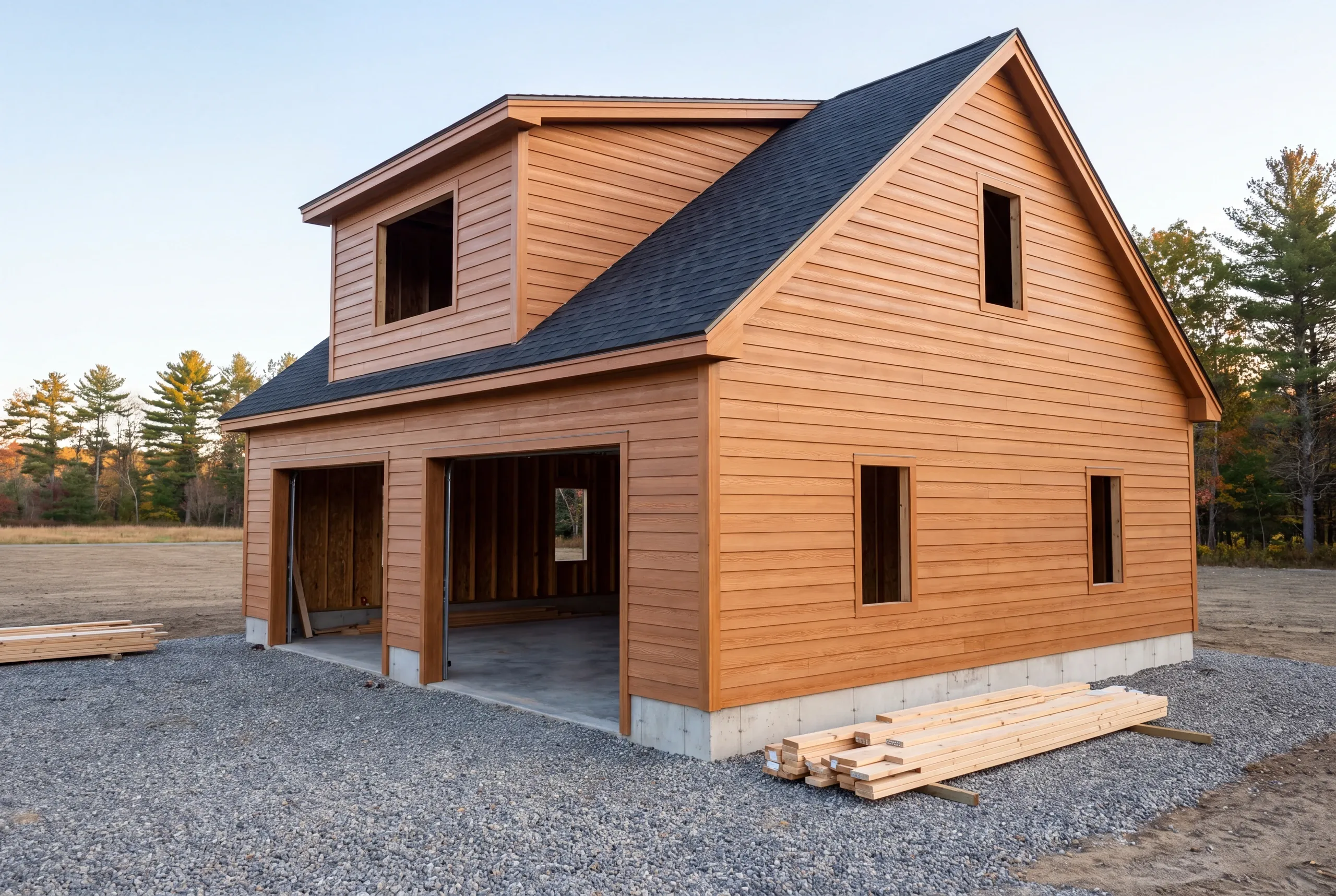 LP siding installed on a large detached garage in Windsor, Maine