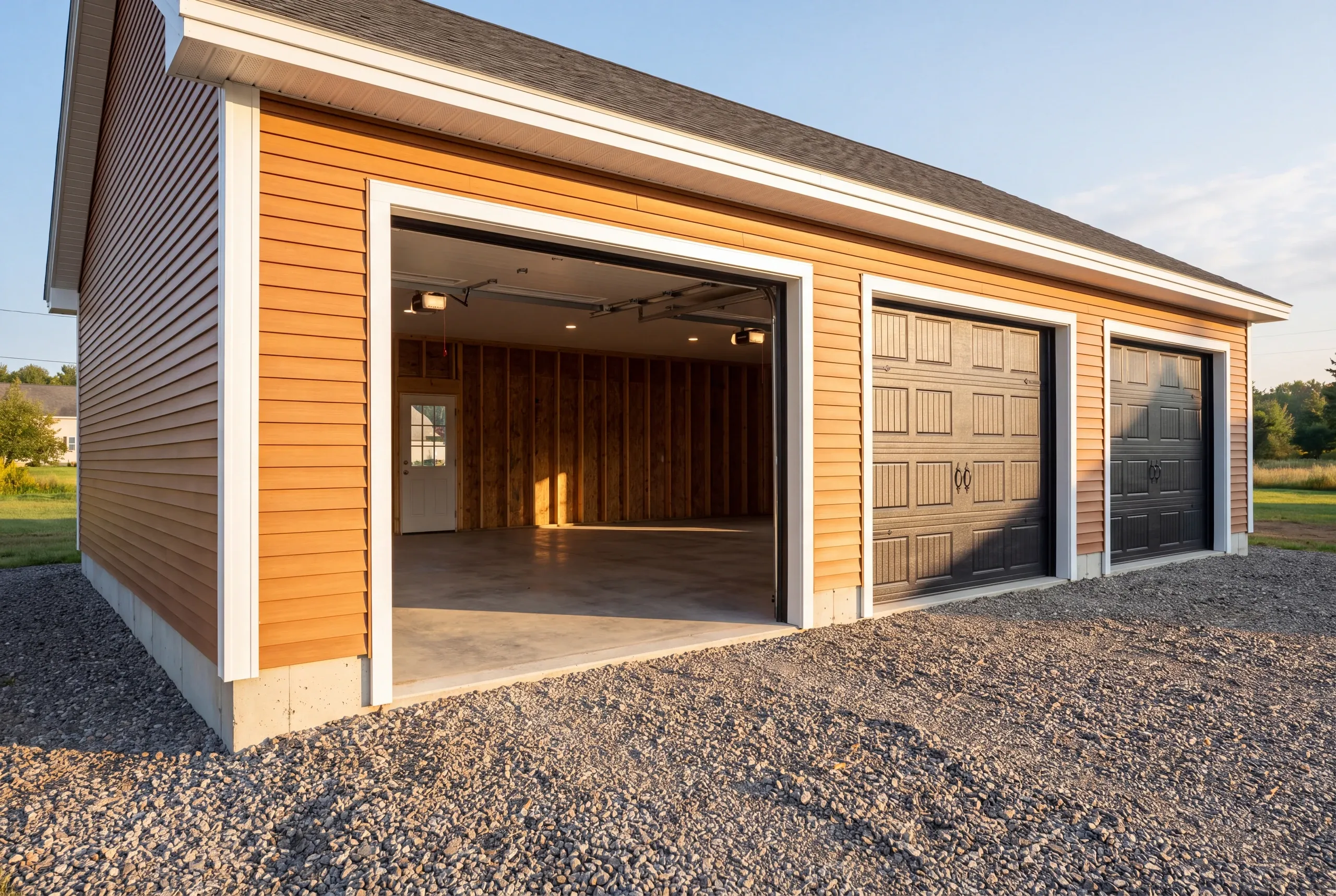 Finished garage interior in Windsor with the overhead door open to the yard