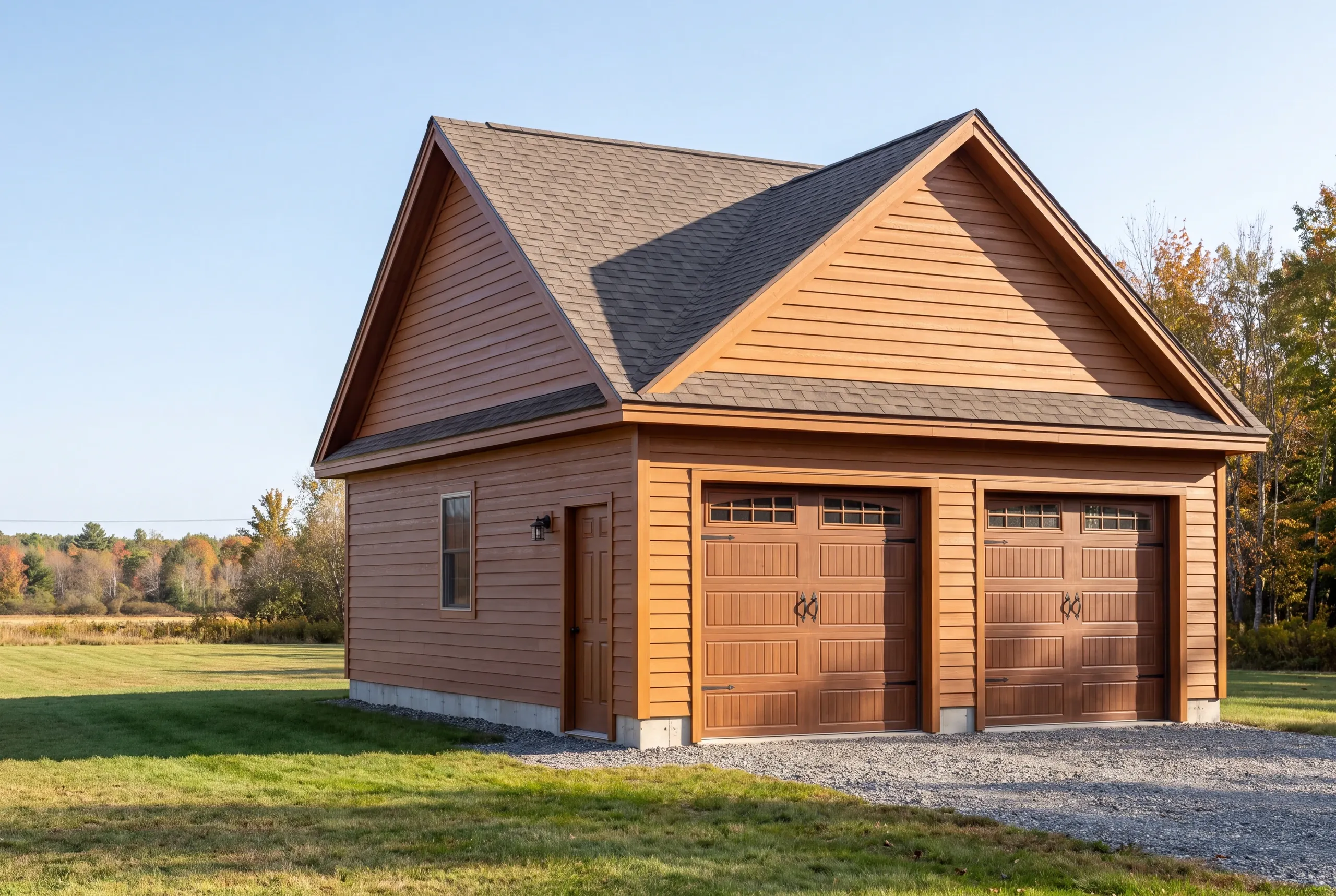 Finished detached garage on a Windsor, Maine property, wide view