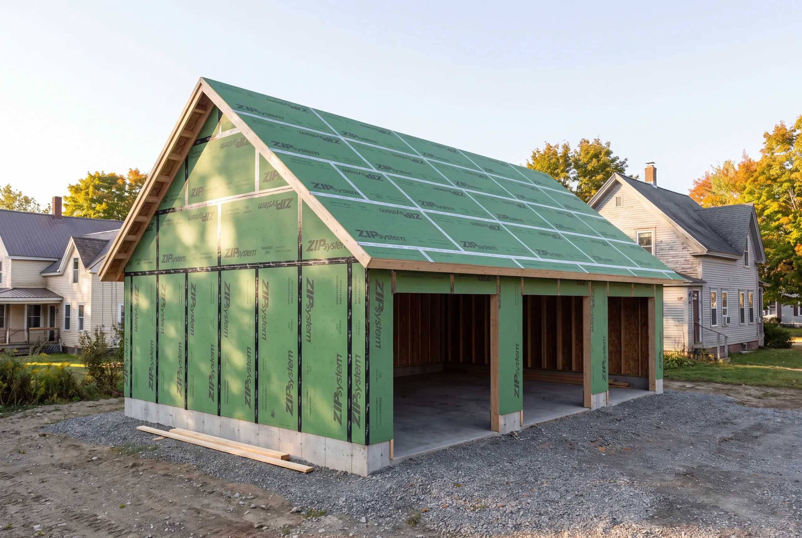 ZIP System sheathing taped on a new garage shell in Winslow, Maine