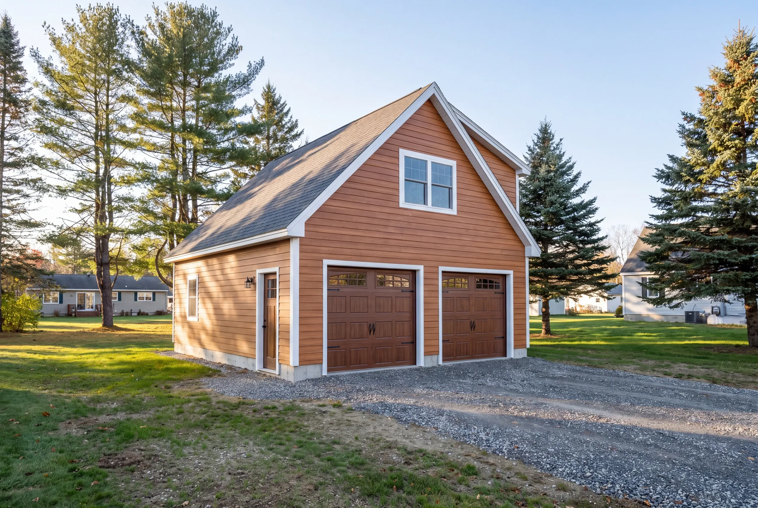 Completed two-bay garage with gravel drive running to the door in Winslow