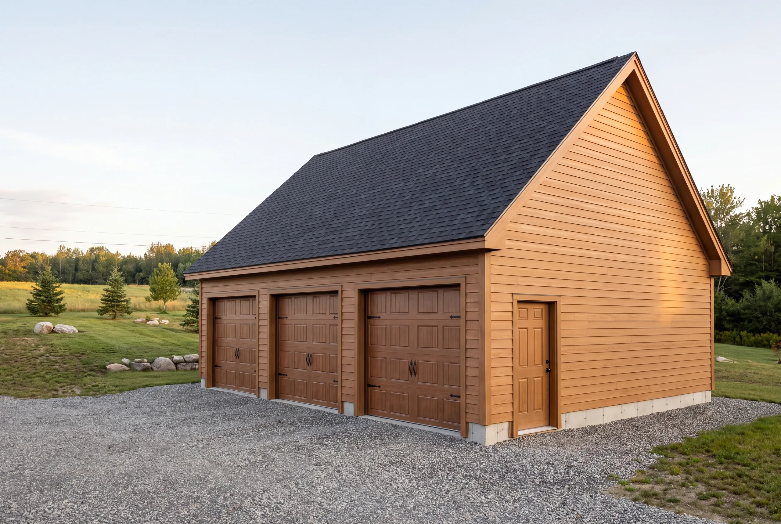 Finished detached garage on a Winslow, Maine property, wide view