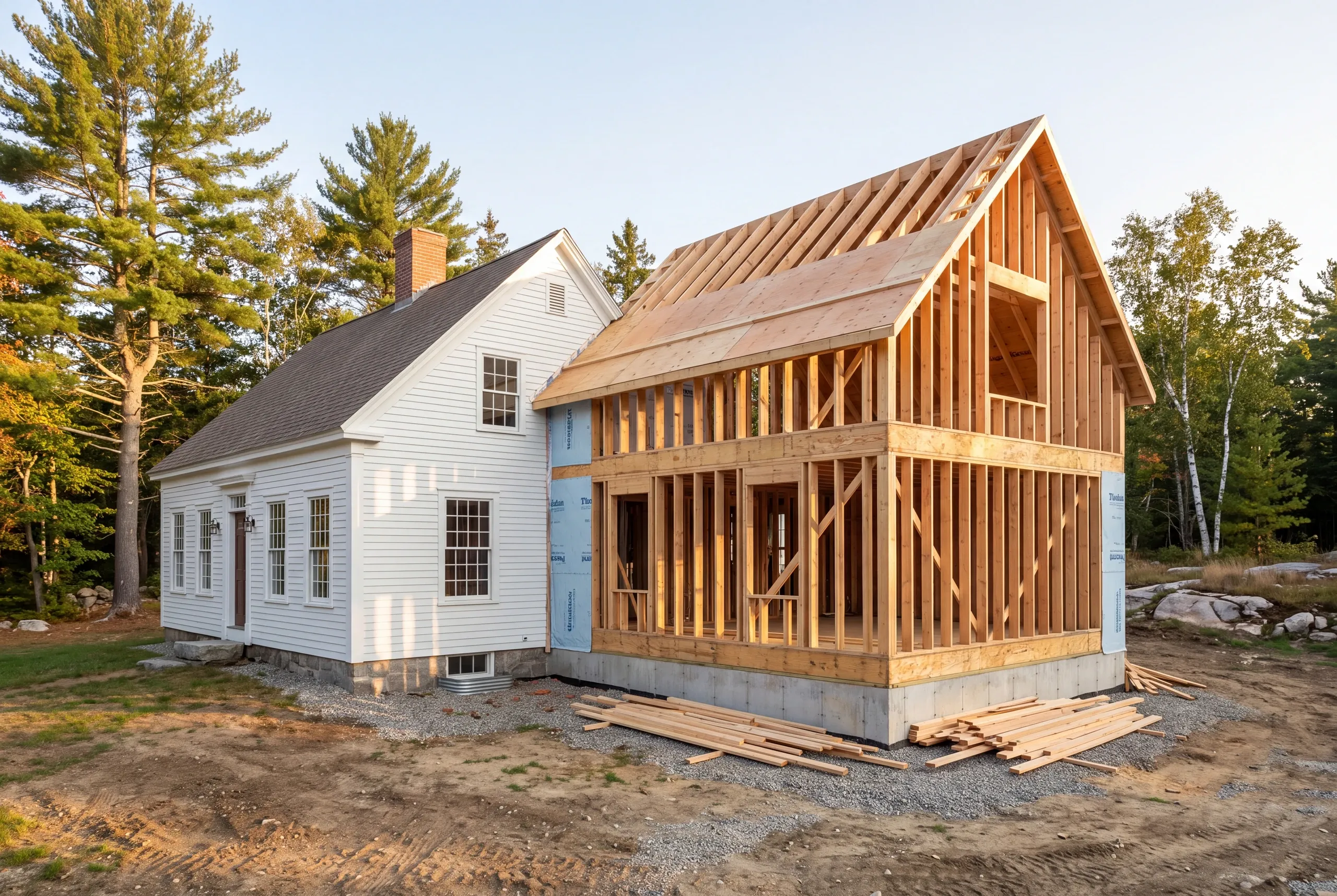 General contractor Alna, ME crew framing a rear addition on an antique cape near Head Tide