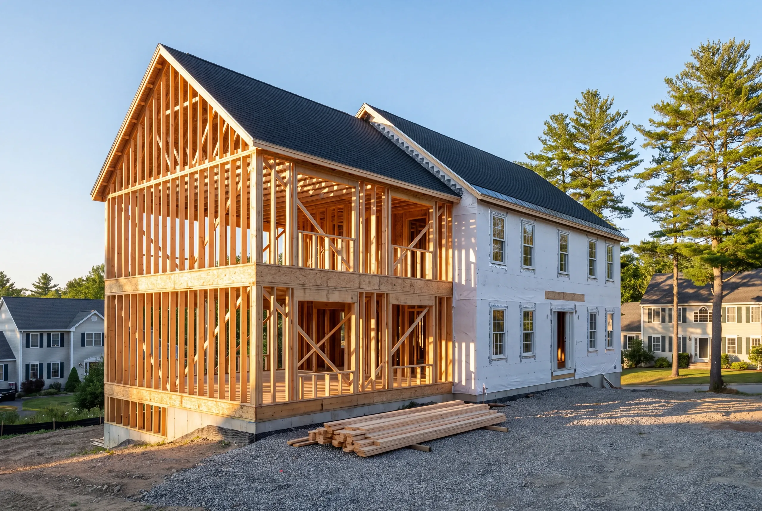 General contractor Auburn, ME crew framing an addition on a hillside residential street