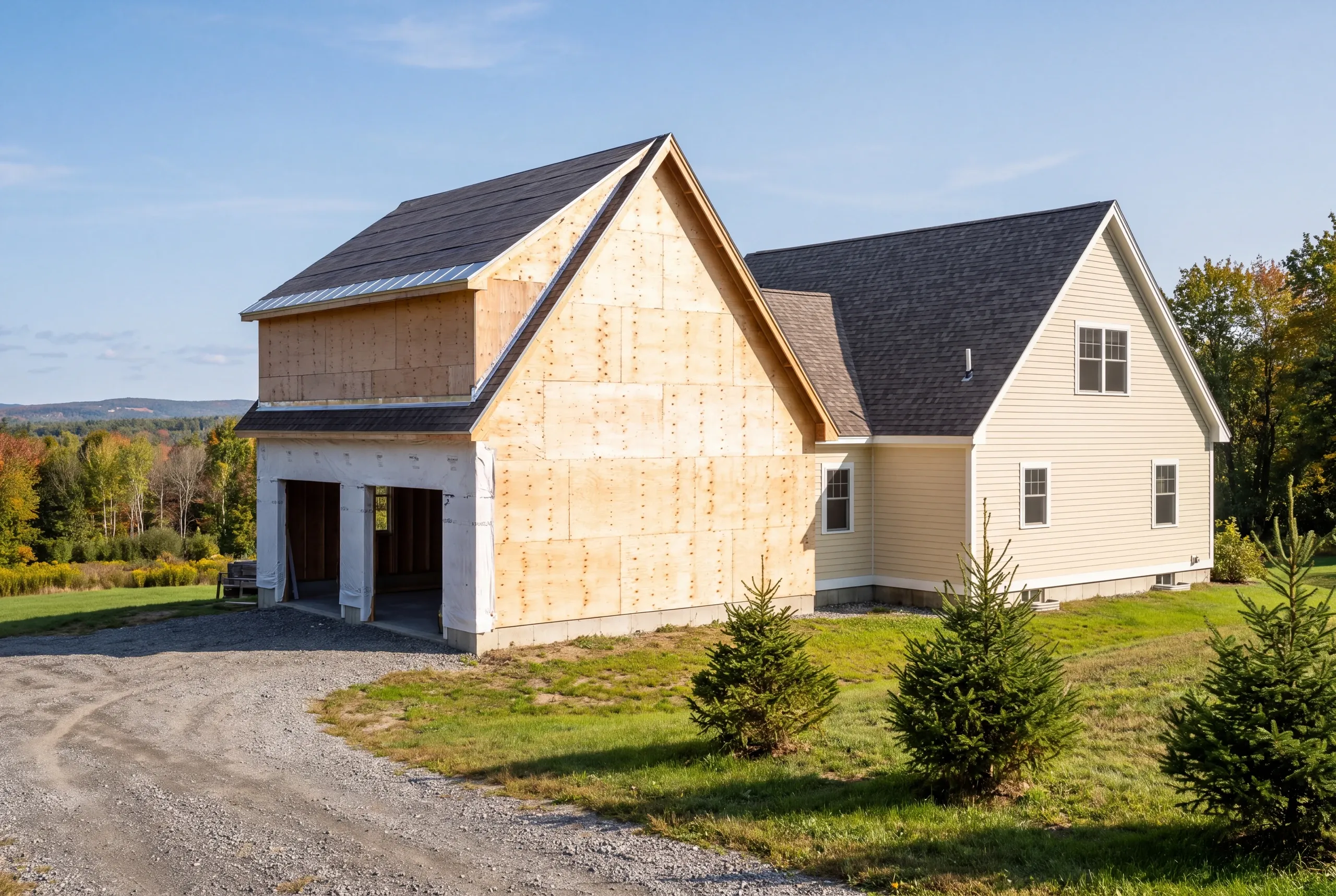 General contractor Augusta, ME crew setting roof trusses on a two-story addition above the Kennebec River valley