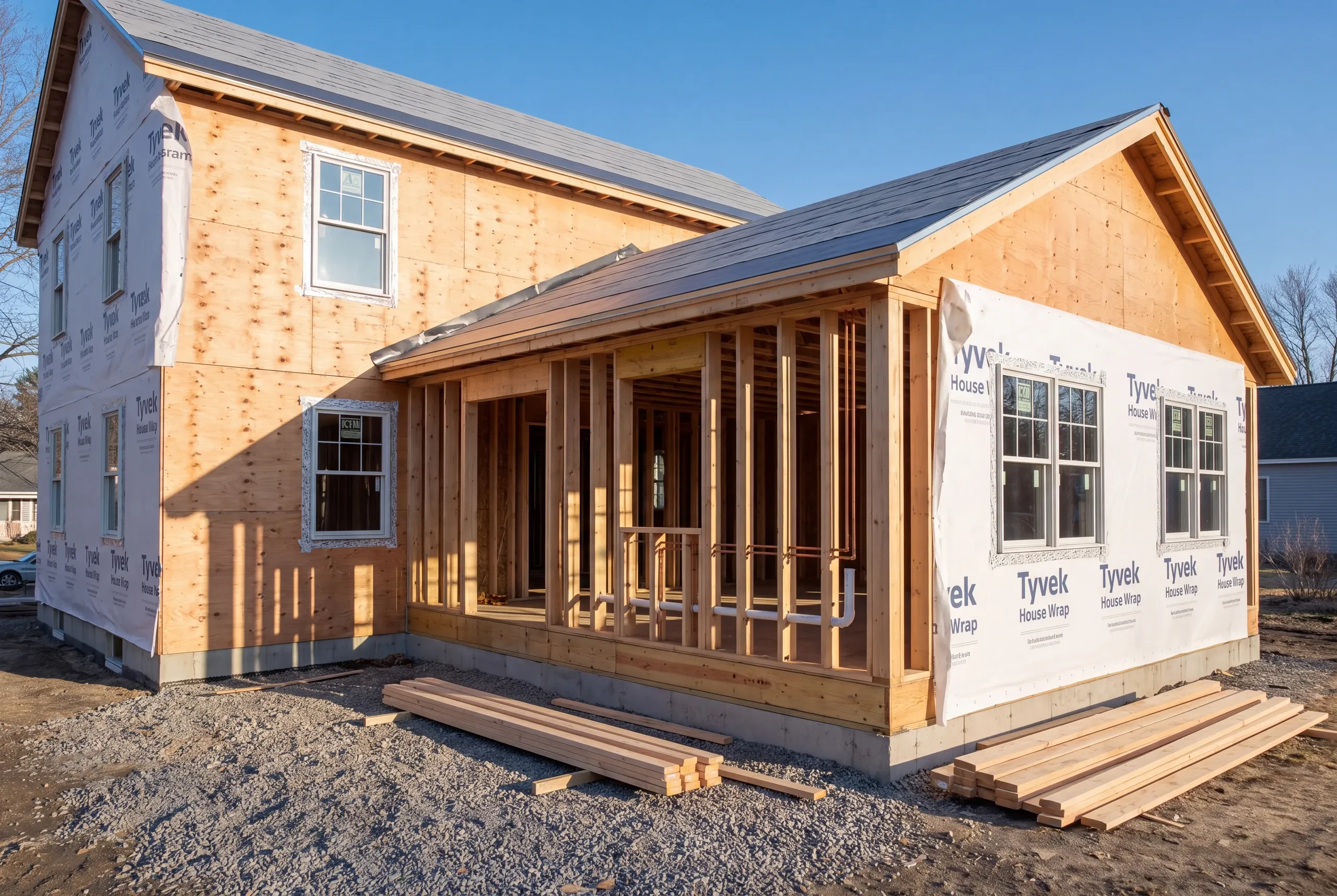 Kitchen addition framing opened to the original house with new plumbing rough-in