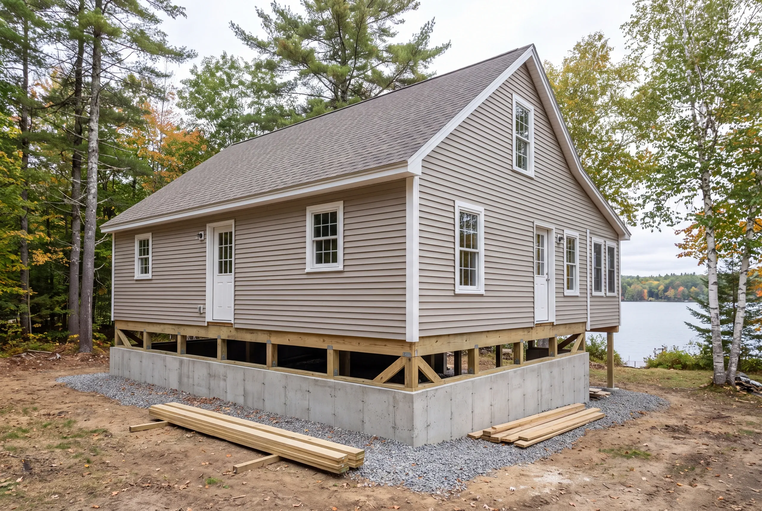 General contractor Belgrade, ME crew replacing pier supports with a full foundation at a Great Pond camp