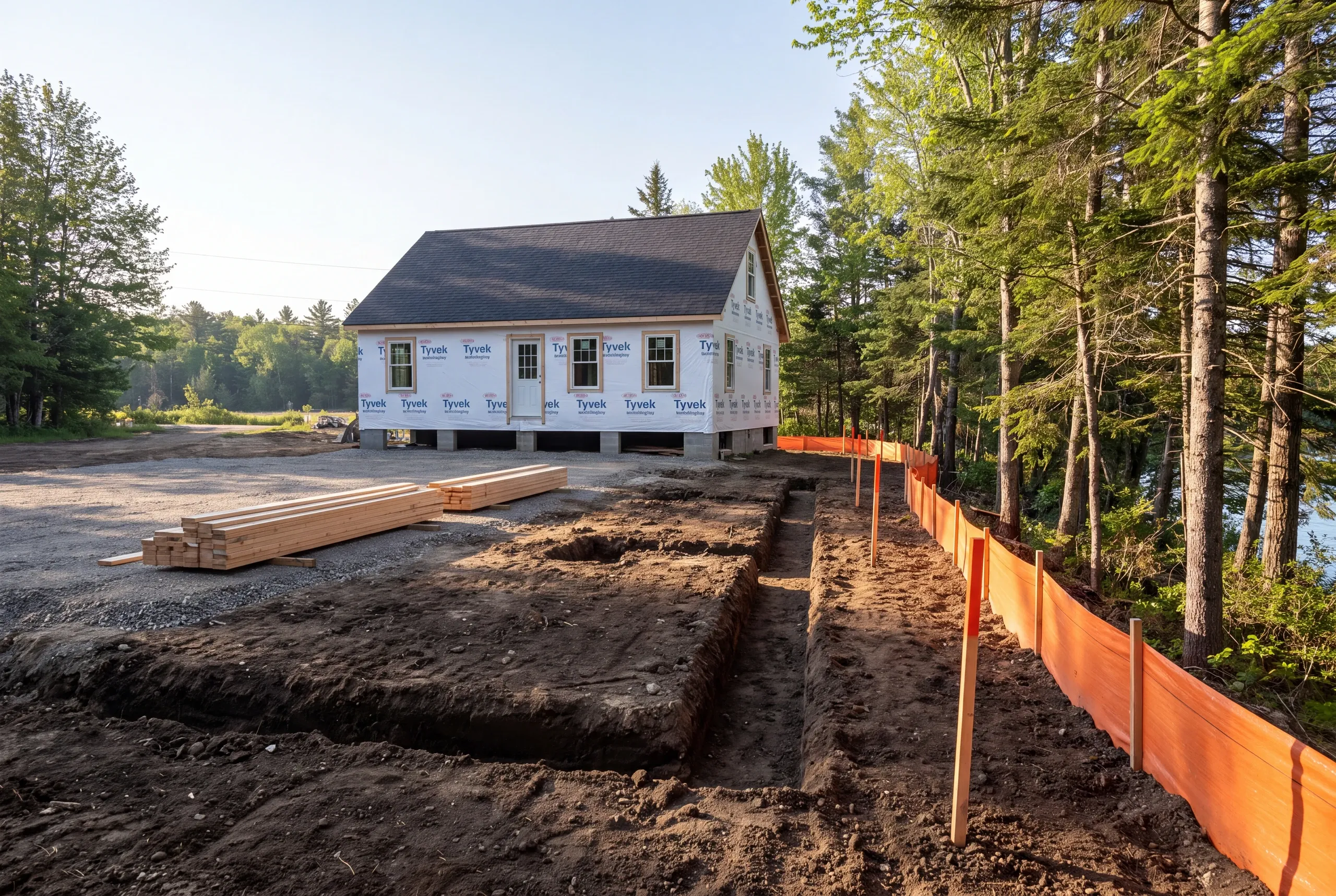 Shoreland setback stakes and erosion control installed before a Belgrade addition